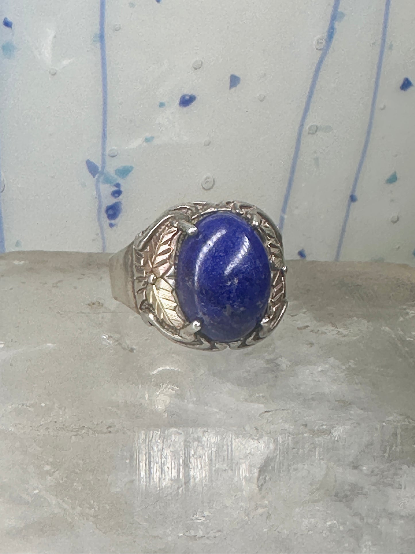 Blue Hills Gold ring Blue lapis band leaves size 9.75 sterling silver women men