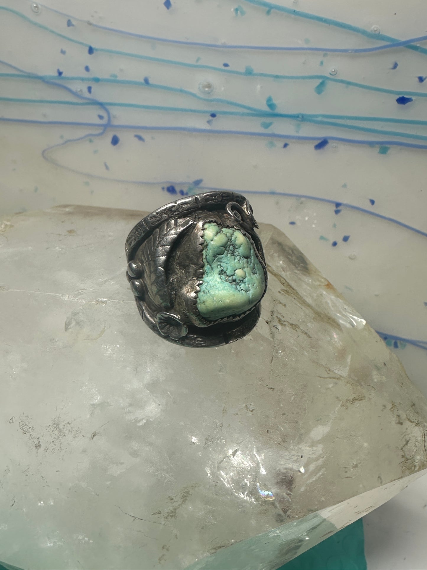 Navajo ring turquoise cigar band flowers leaves size 9.25 sterling silver women men