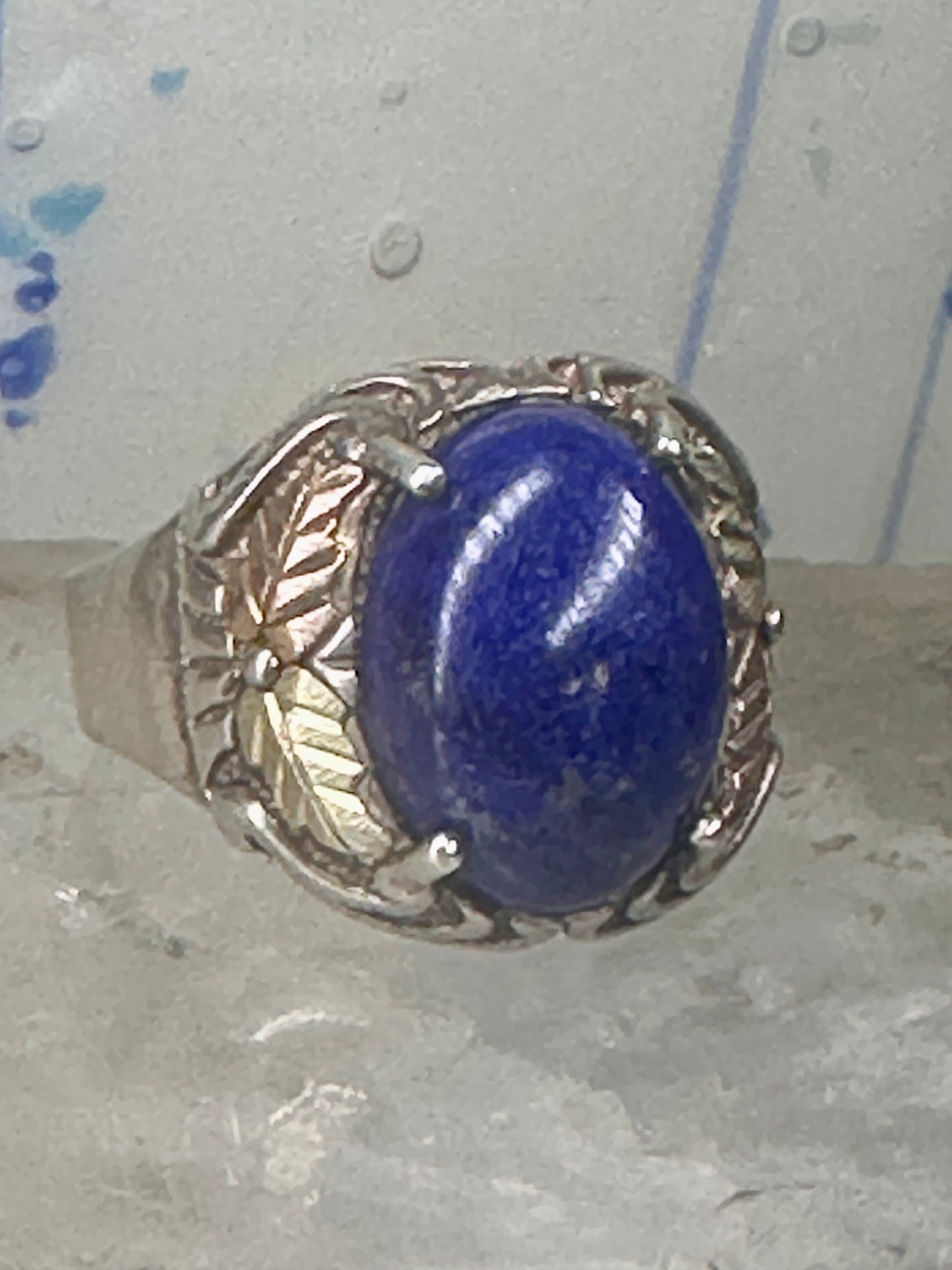 Blue Hills Gold ring Blue lapis band leaves size 9.75 sterling silver women men