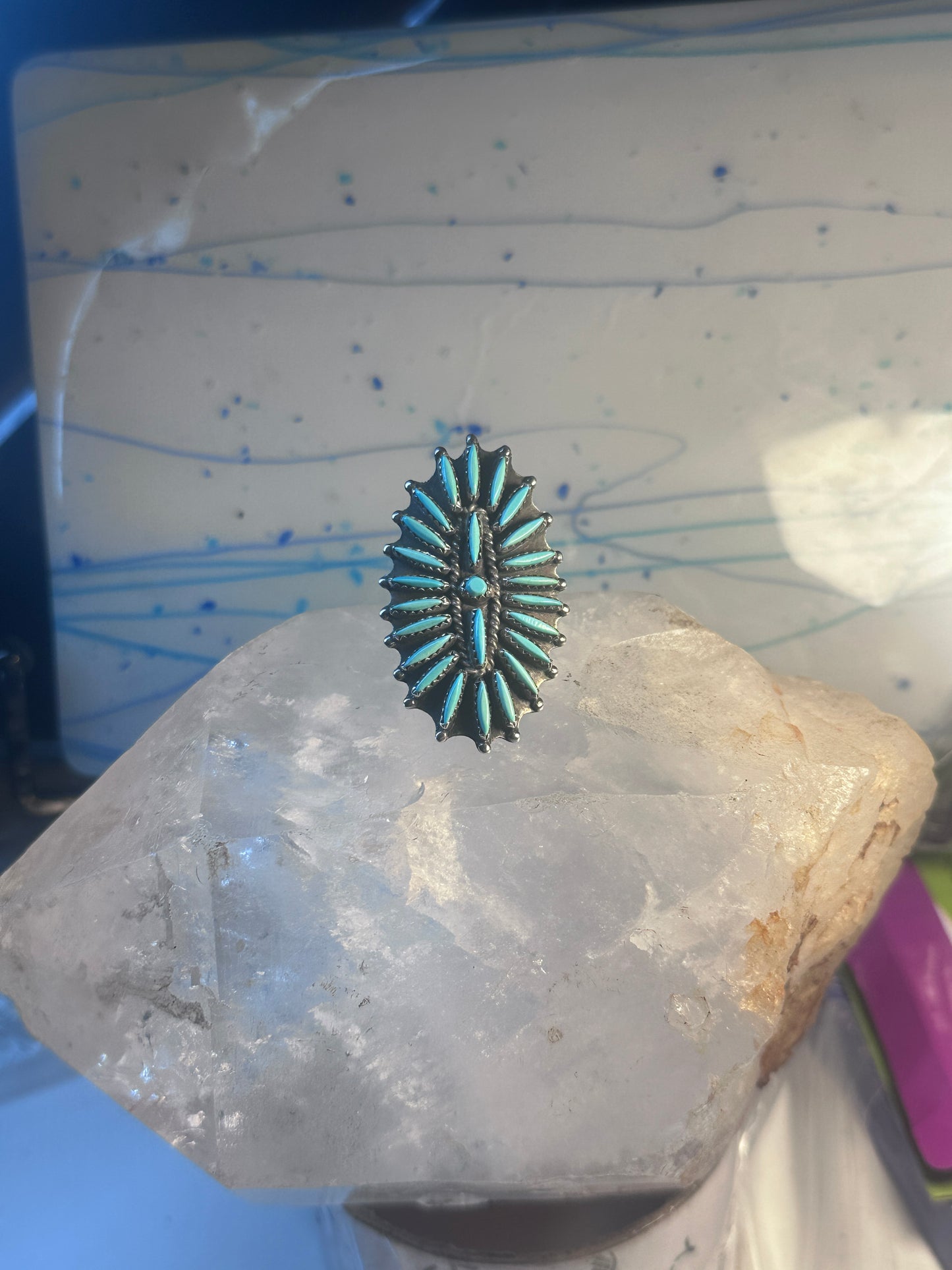 Zuni ring long turquoise petite point sterling silver size 10.50 women