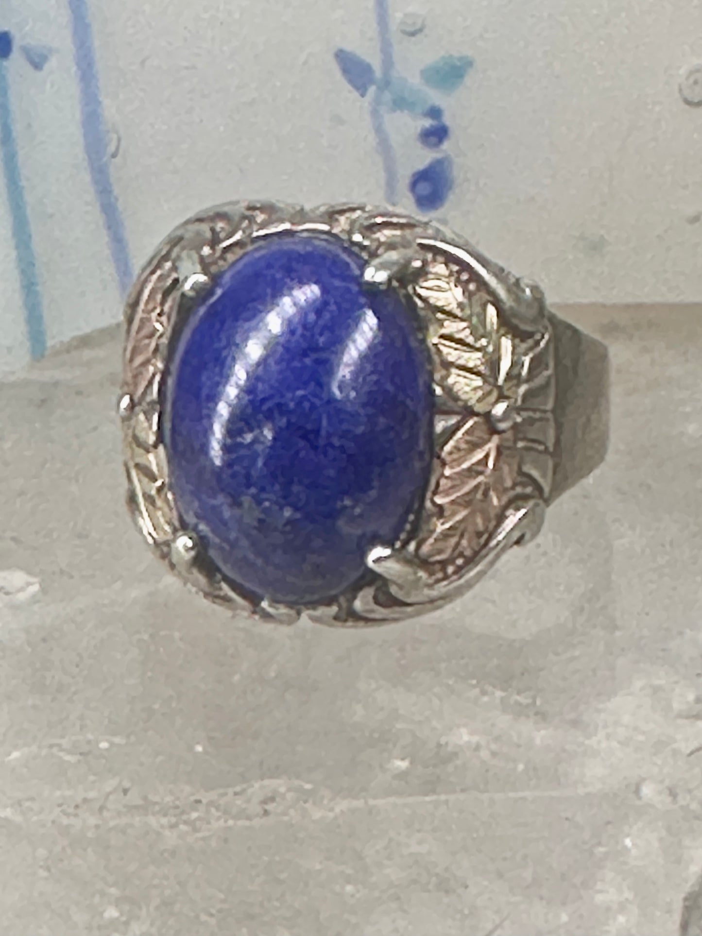 Blue Hills Gold ring Blue lapis band leaves size 9.75 sterling silver women men