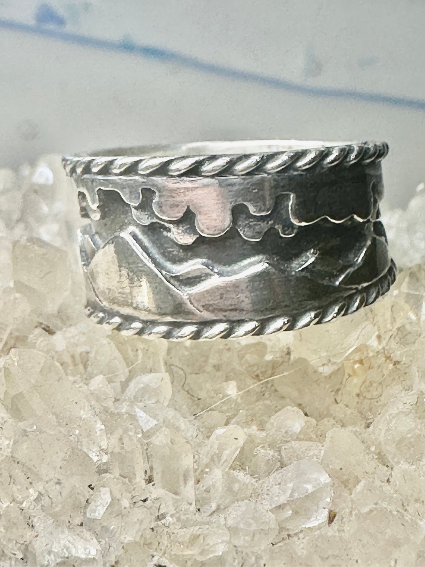 Mountains Clouds ring size 5 three D band southwest sterling silver women boys