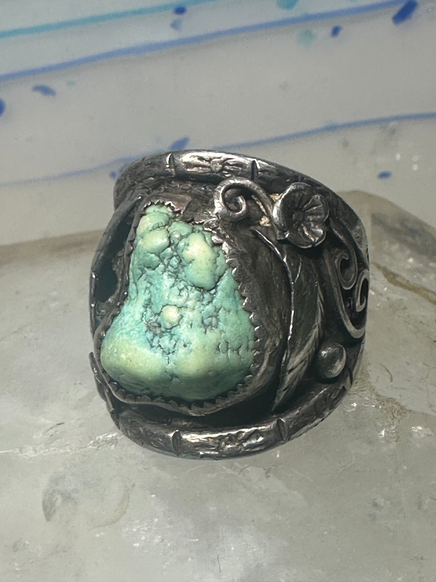 Navajo ring turquoise cigar band flowers leaves size 9.25 sterling silver women men
