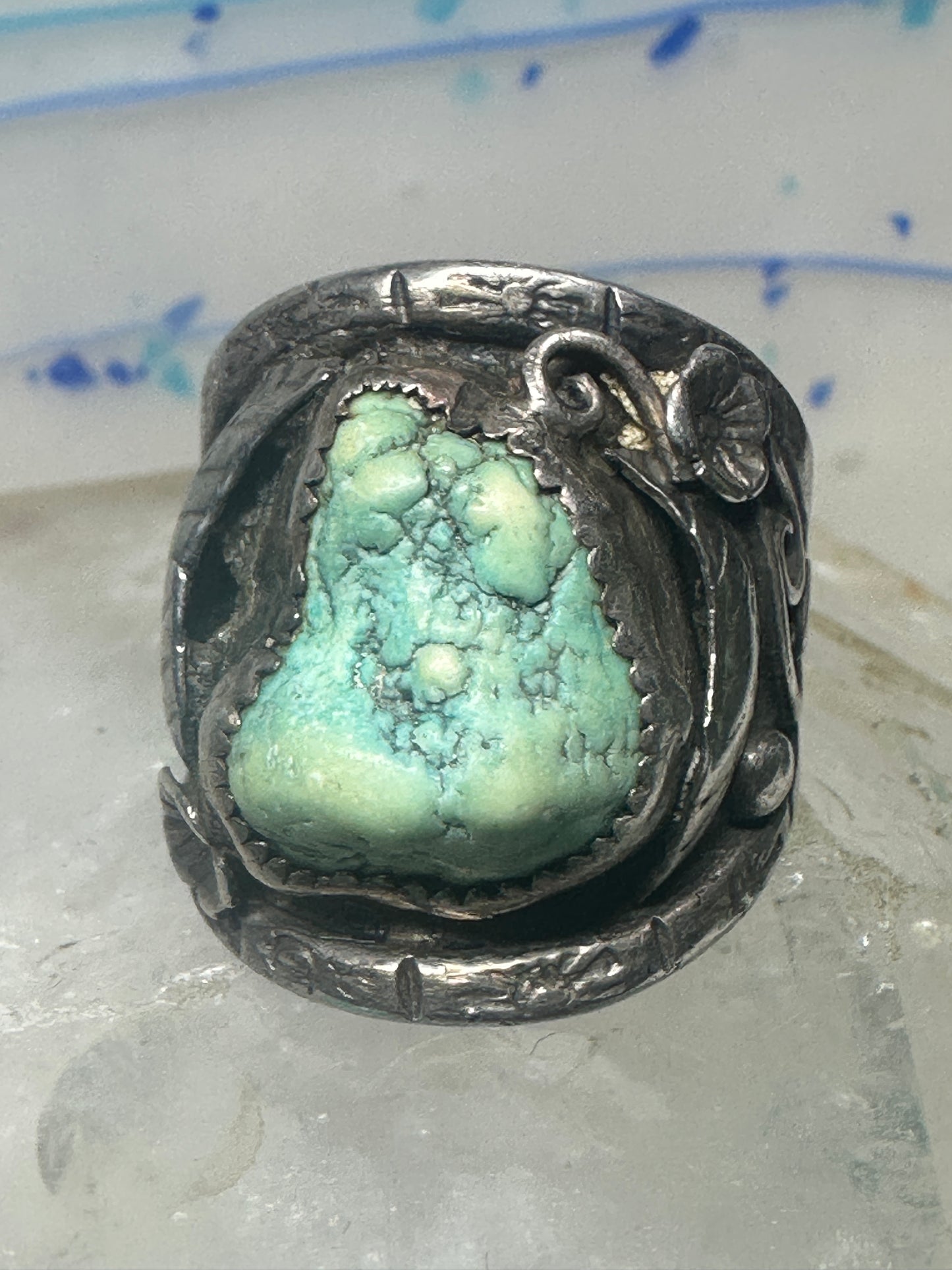 Navajo ring turquoise cigar band flowers leaves size 9.25 sterling silver women men