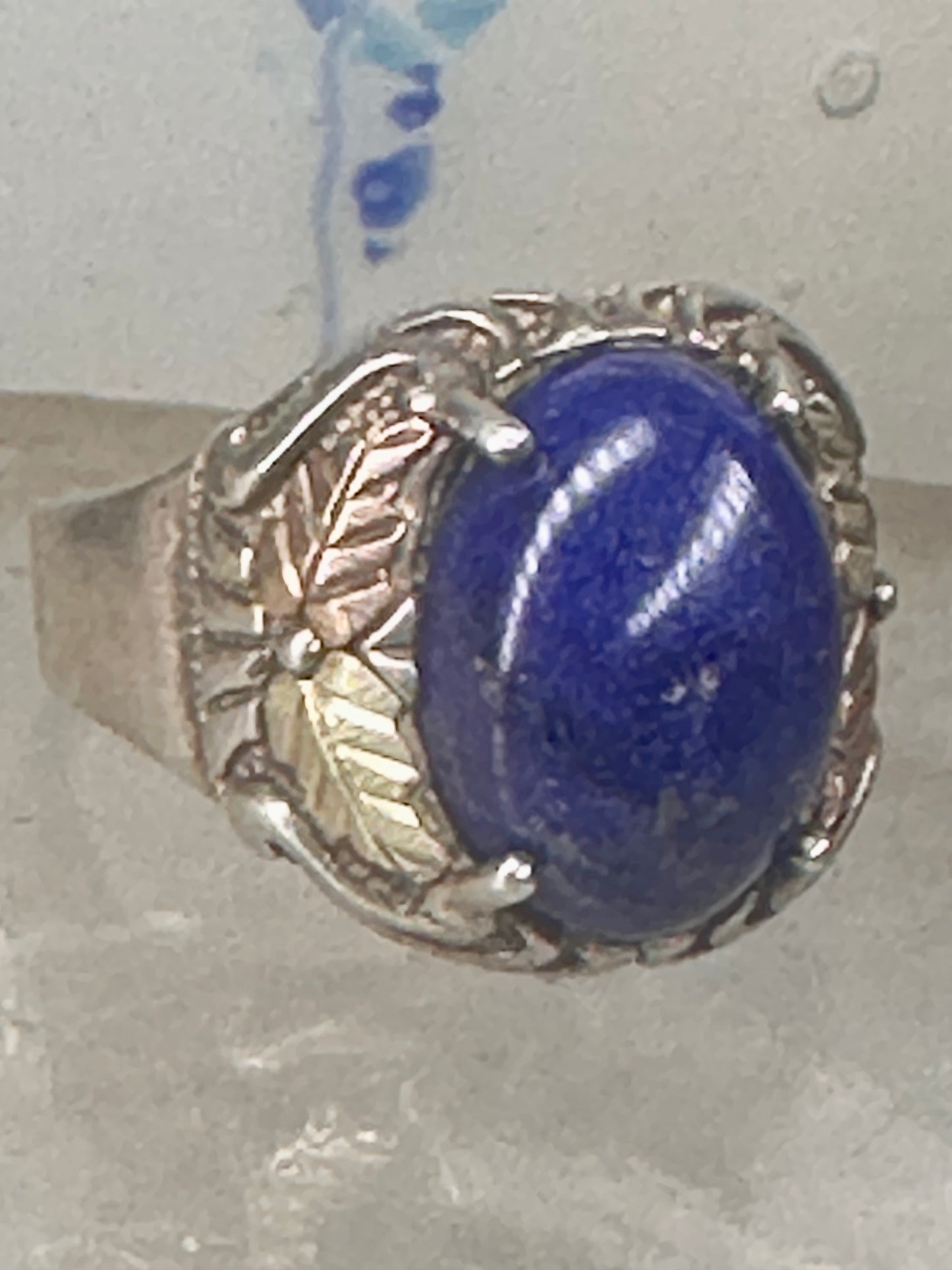 Blue Hills Gold ring Blue lapis band leaves size 9.75 sterling silver women men