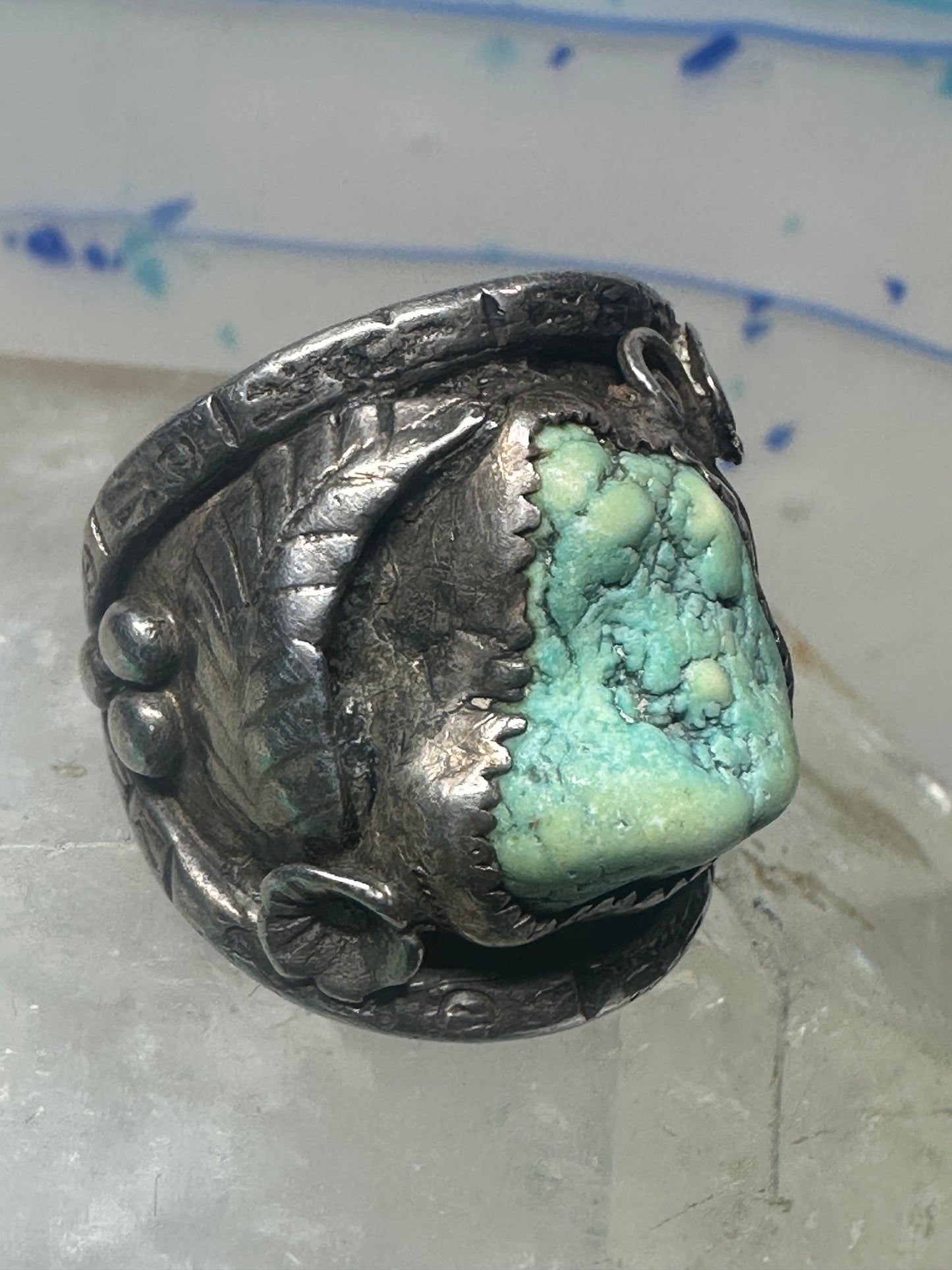 Navajo ring turquoise cigar band flowers leaves size 9.25 sterling silver women men