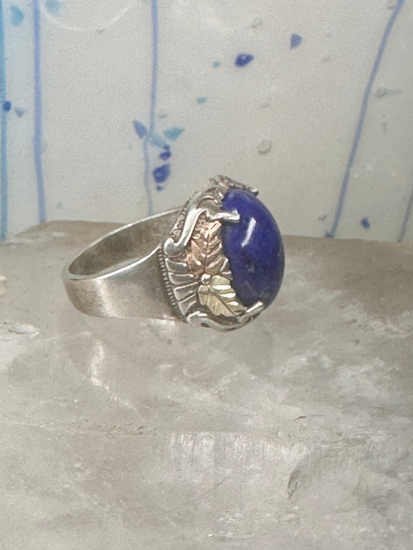 Blue Hills Gold ring Blue lapis band leaves size 9.75 sterling silver women men