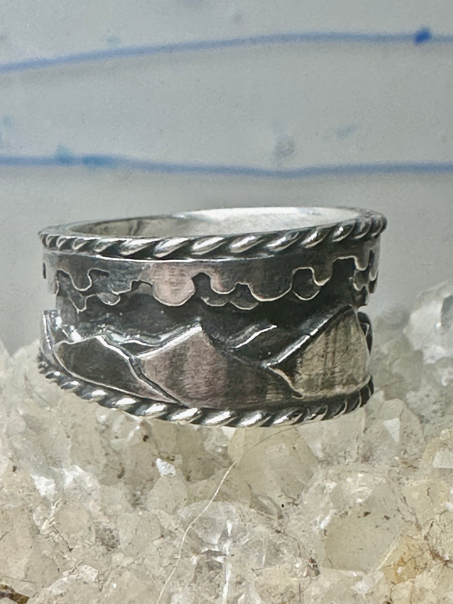 Mountains Clouds ring size 5 three D band southwest sterling silver women boys