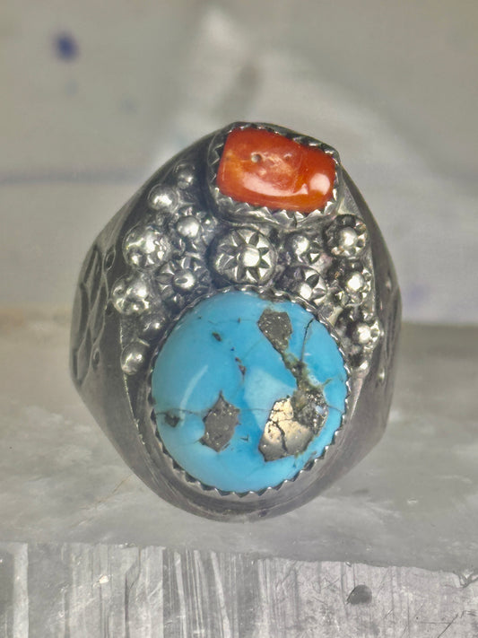 Vintage Navajo Turquoise Coral size 11 sterling silver women men