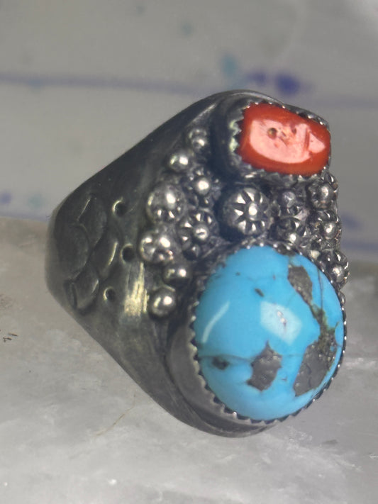 Vintage Navajo Turquoise Coral size 11 sterling silver women men