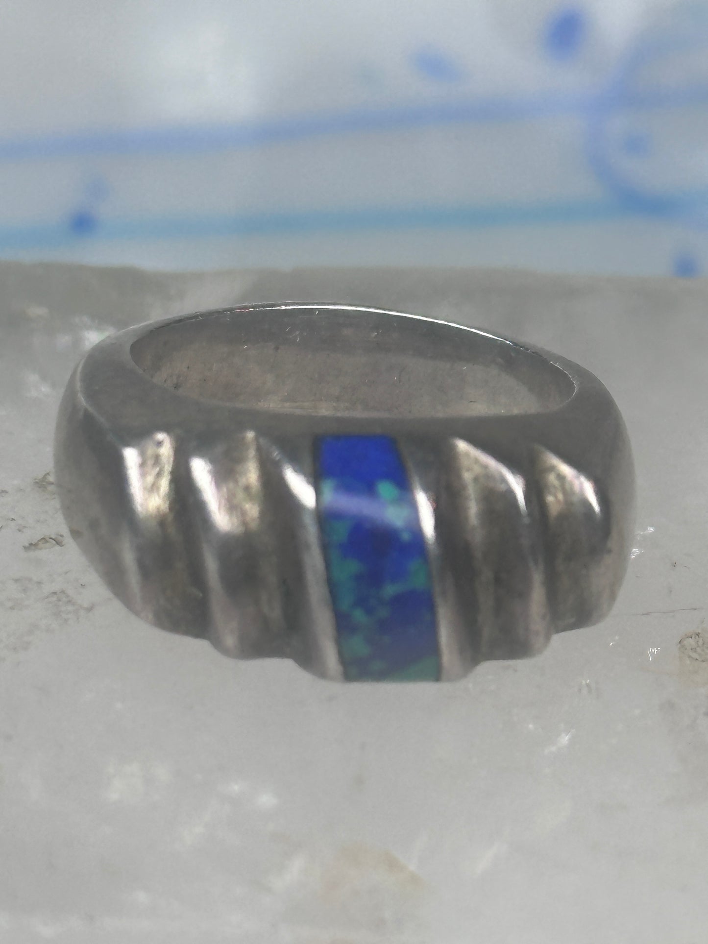 Vintage Mexican Sterling Silver Azurite Inlay Heavy Band Ring Size 8.25