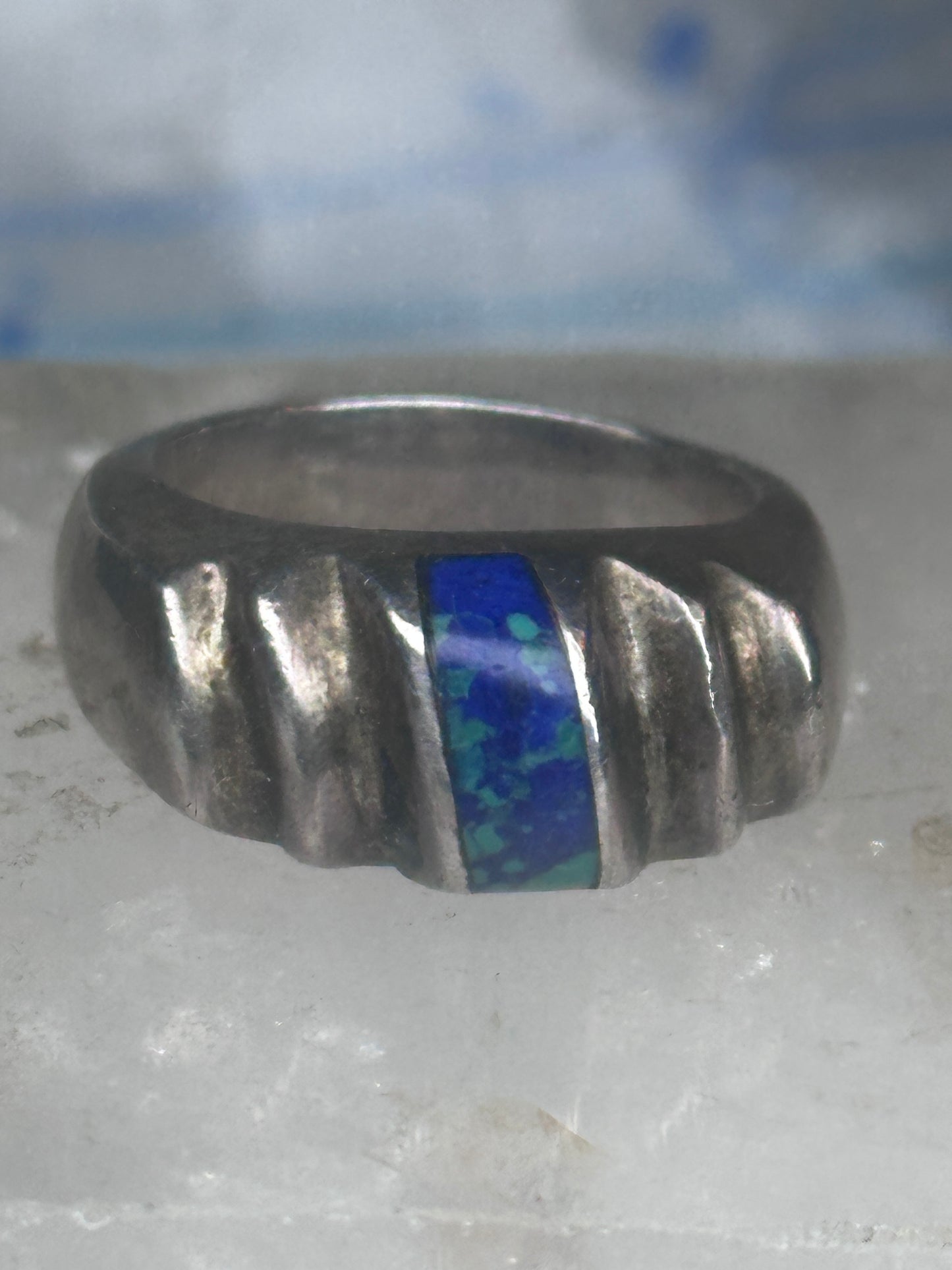 Vintage Mexican Sterling Silver Azurite Inlay Heavy Band Ring Size 8.25