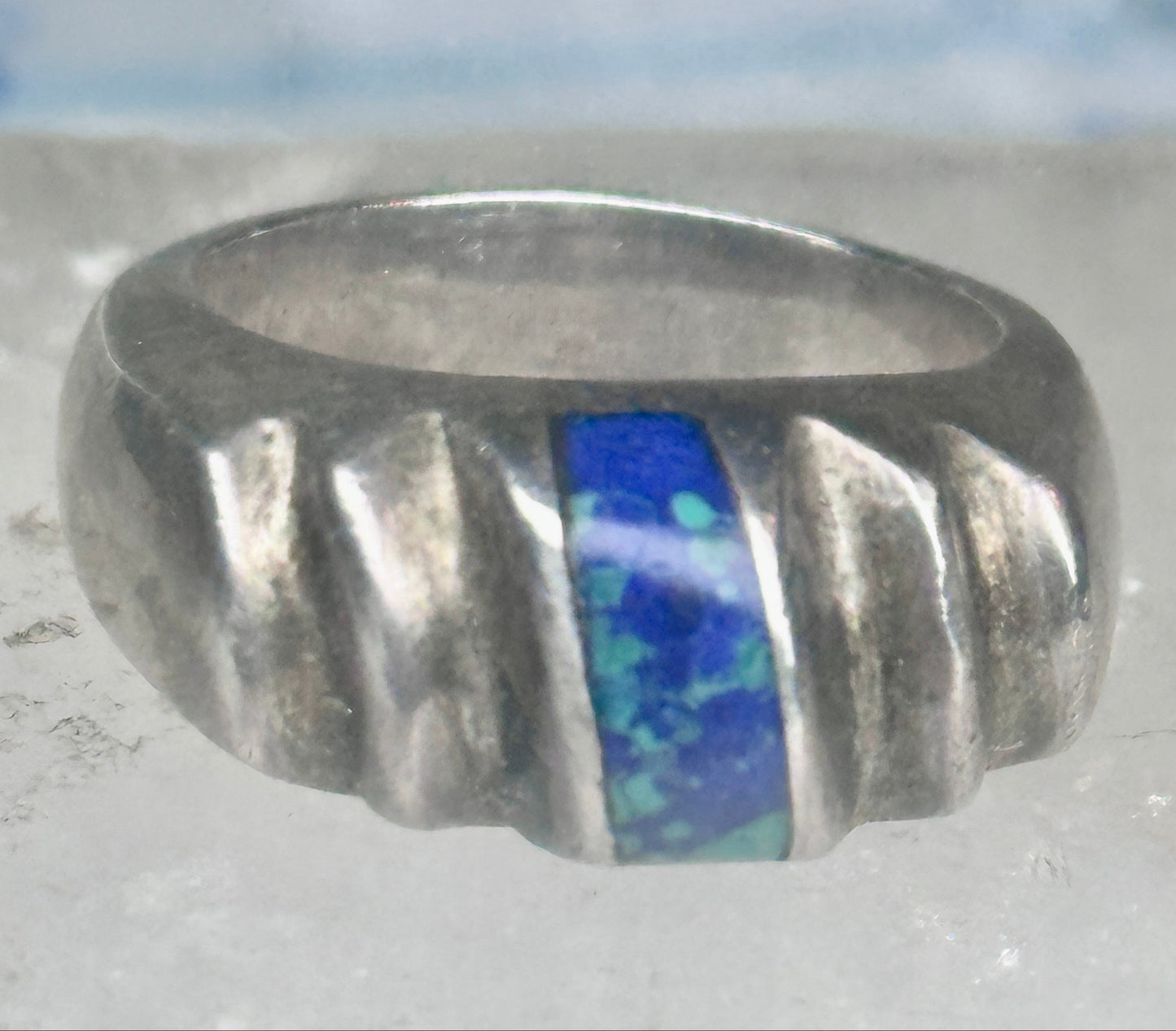 Vintage Mexican Sterling Silver Azurite Inlay Heavy Band Ring Size 8.25