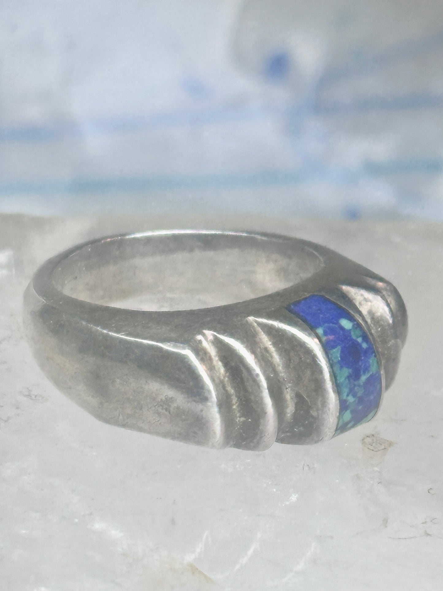 Vintage Mexican Sterling Silver Azurite Inlay Heavy Band Ring Size 8.25