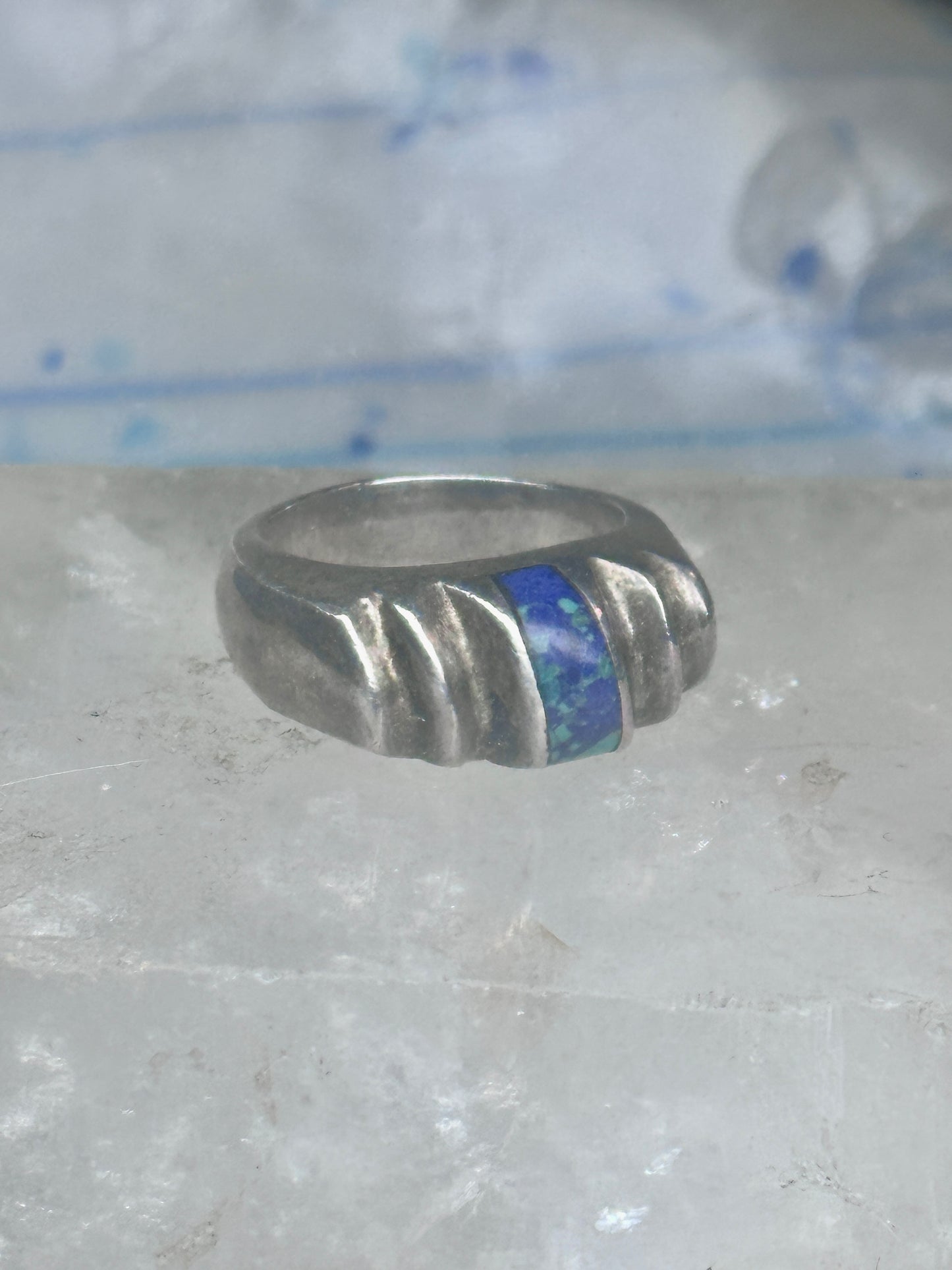 Vintage Mexican Sterling Silver Azurite Inlay Heavy Band Ring Size 8.25