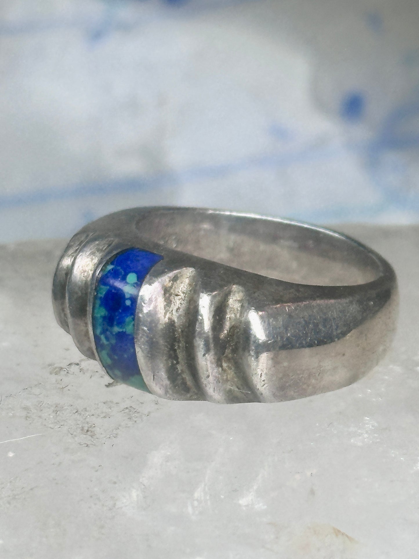 Vintage Mexican Sterling Silver Azurite Inlay Heavy Band Ring Size 8.25