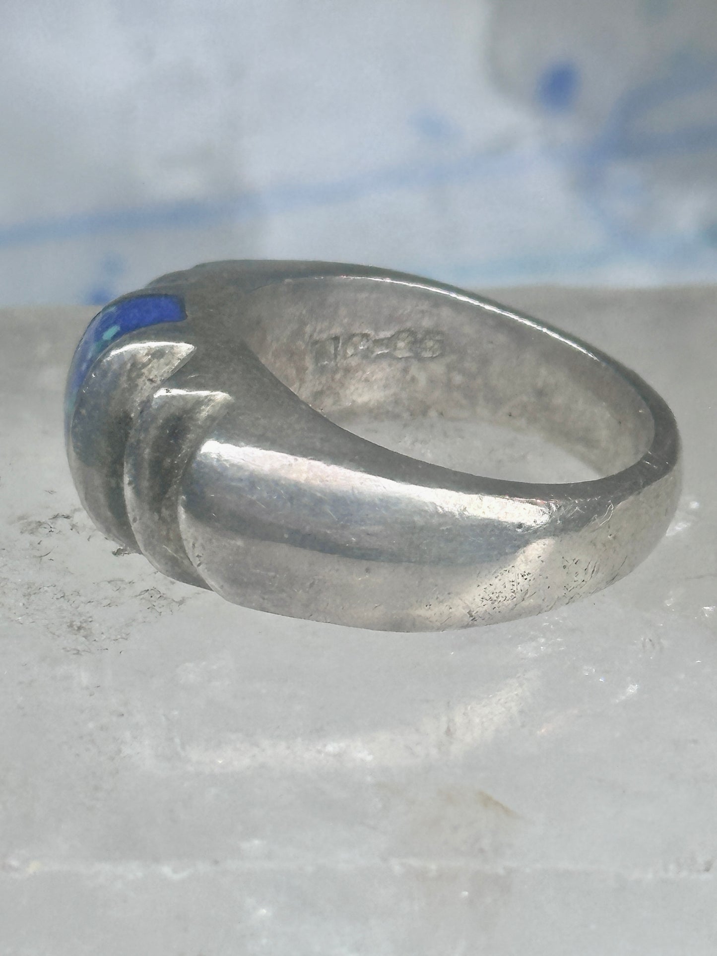 Vintage Mexican Sterling Silver Azurite Inlay Heavy Band Ring Size 8.25