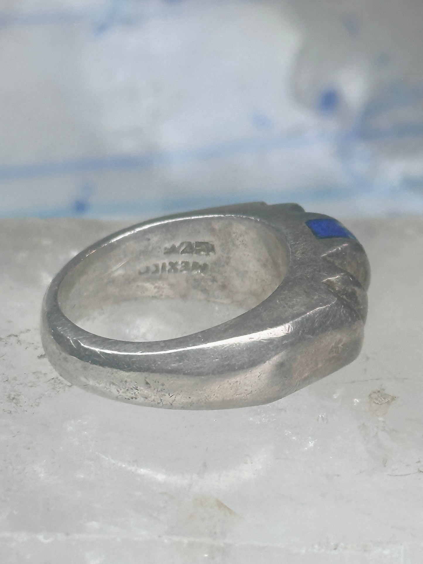 Vintage Mexican Sterling Silver Azurite Inlay Heavy Band Ring Size 8.25