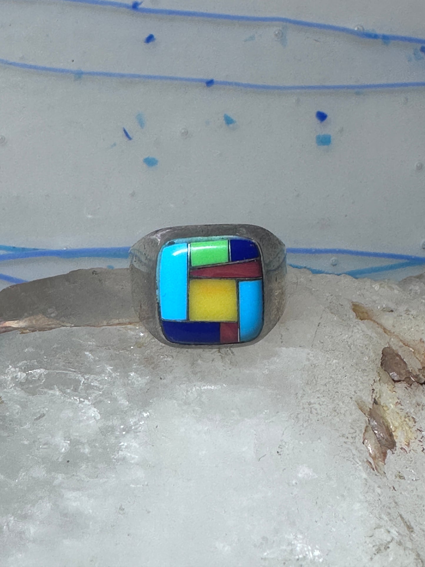 Turquoise ring Zuni inlay coral sterling silver size 9 women men