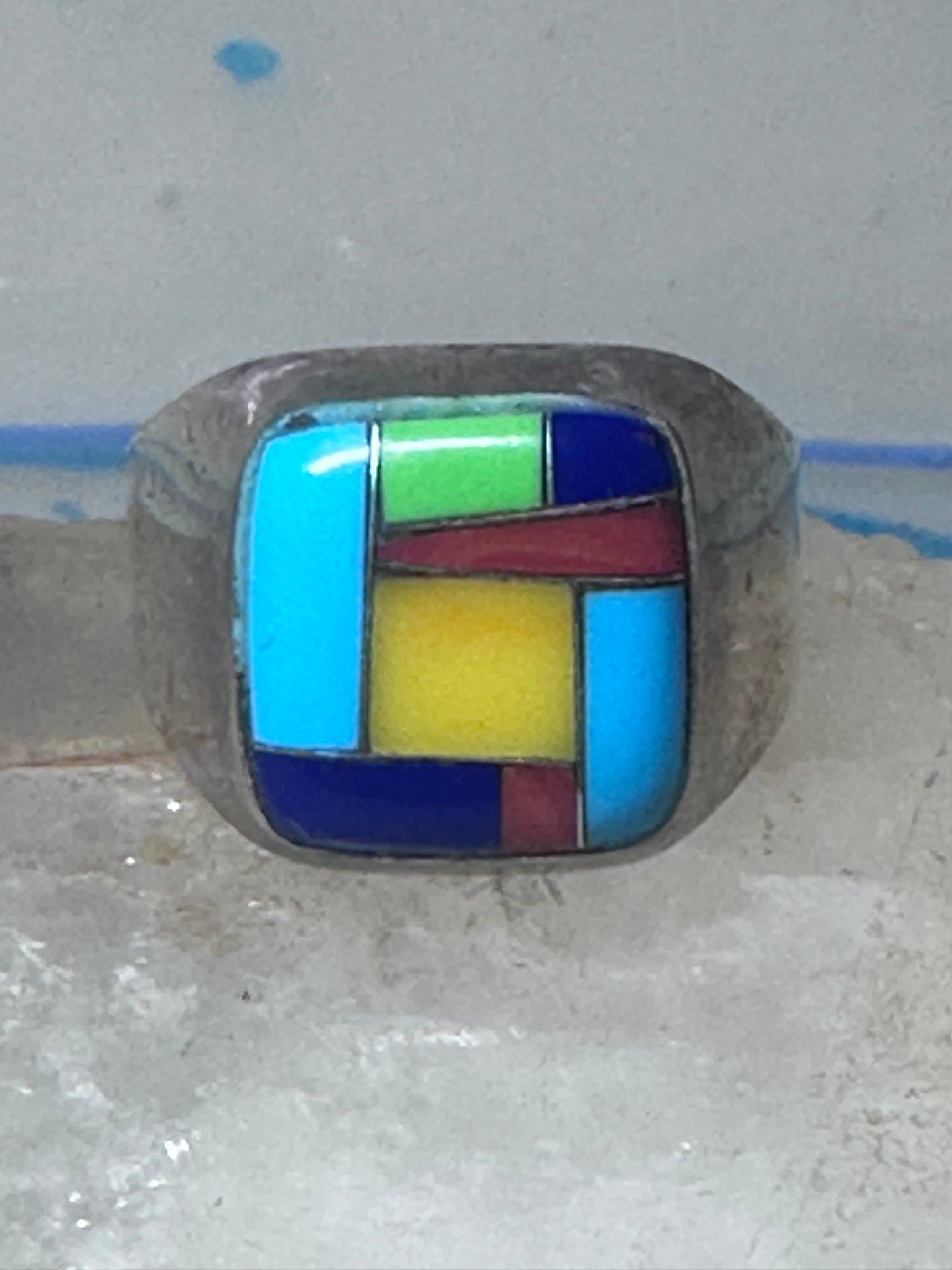 Turquoise ring Zuni inlay coral sterling silver size 9 women men