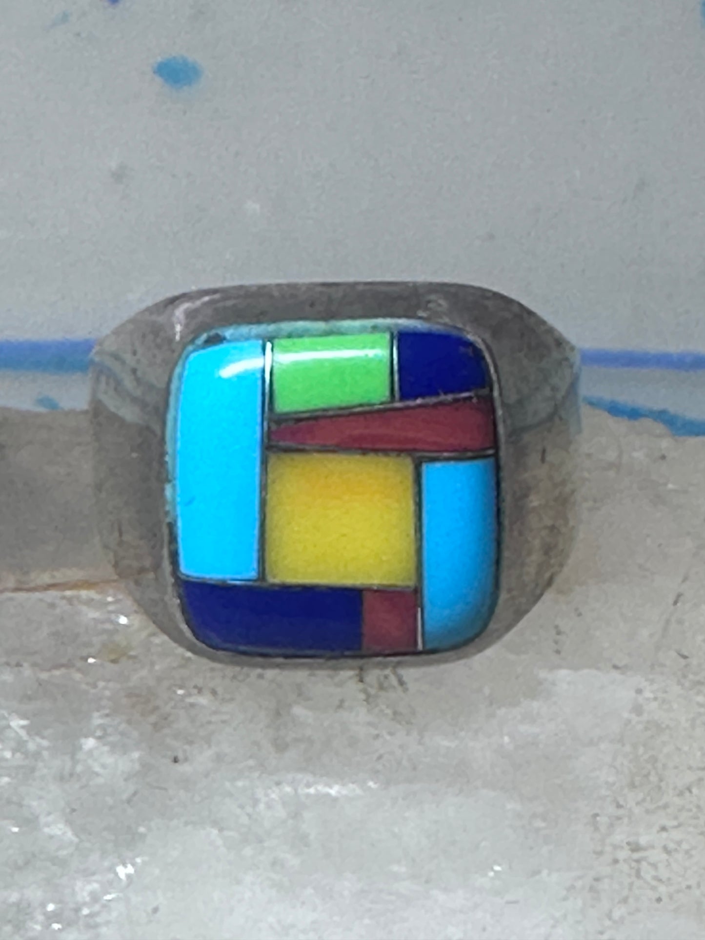 Turquoise ring Zuni inlay coral sterling silver size 9 women men