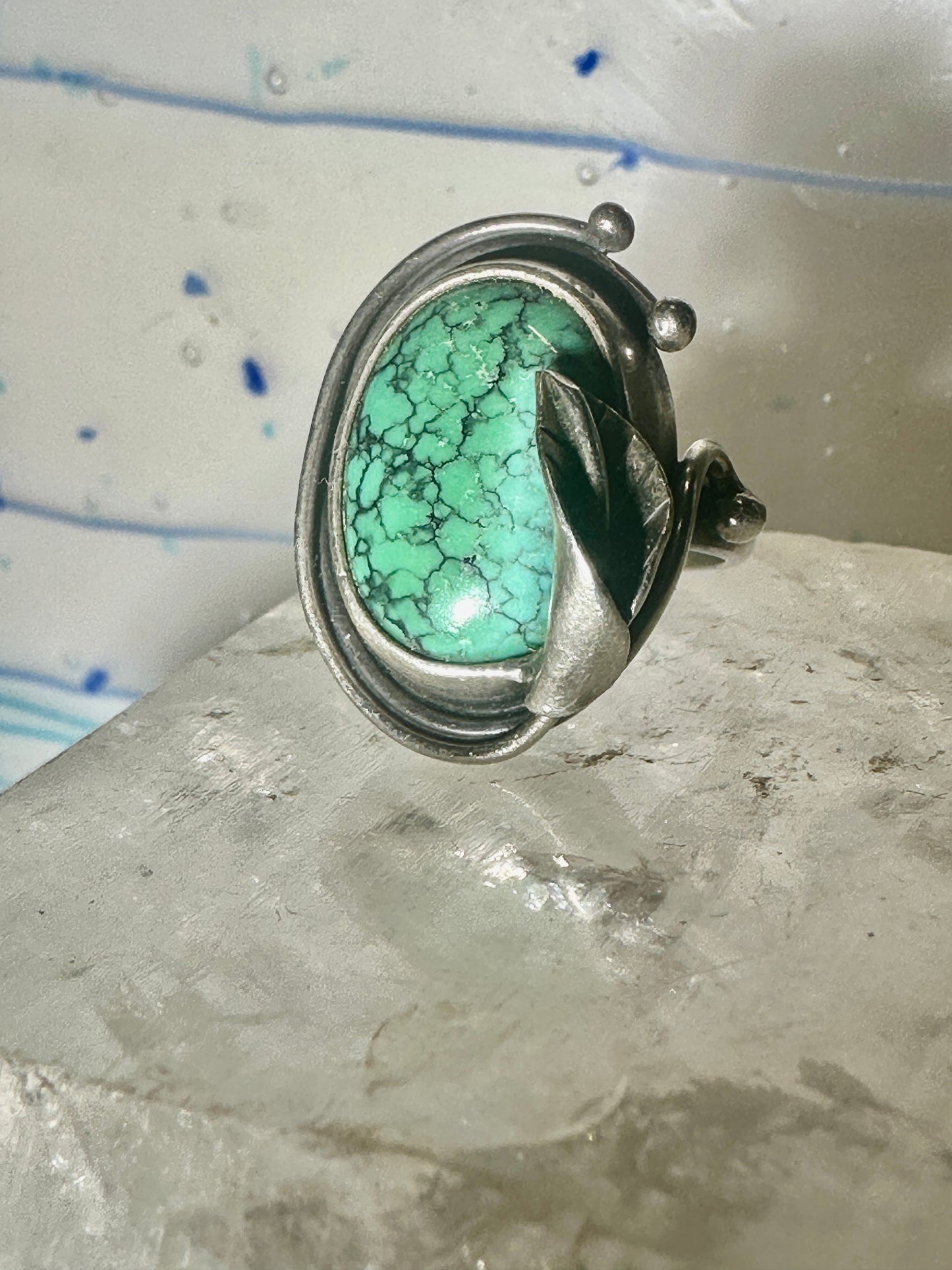 Turquoise ring size 5.75 Art Deco Nouveau lily leaf sterling silver women