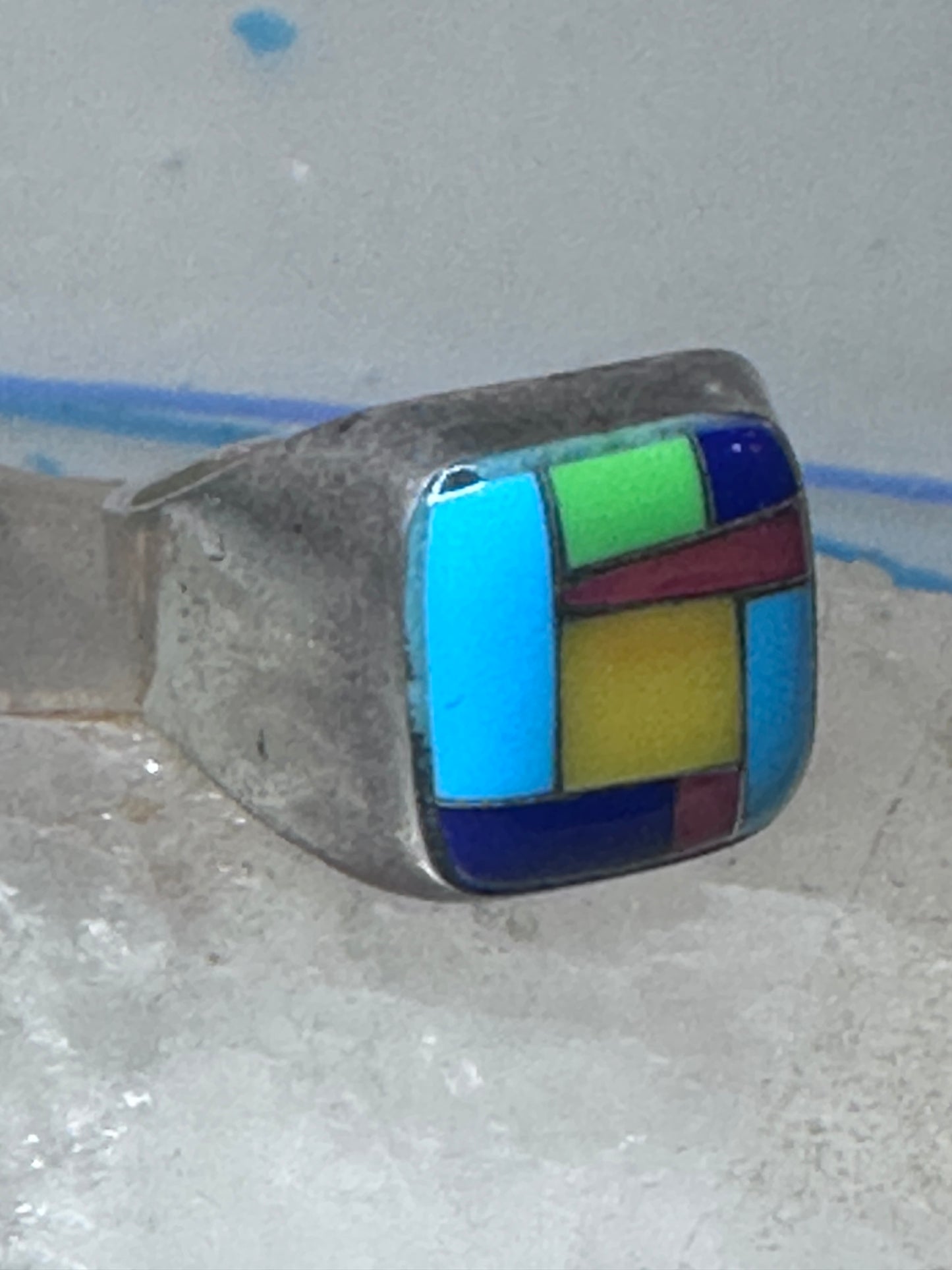 Turquoise ring Zuni inlay coral sterling silver size 9 women men