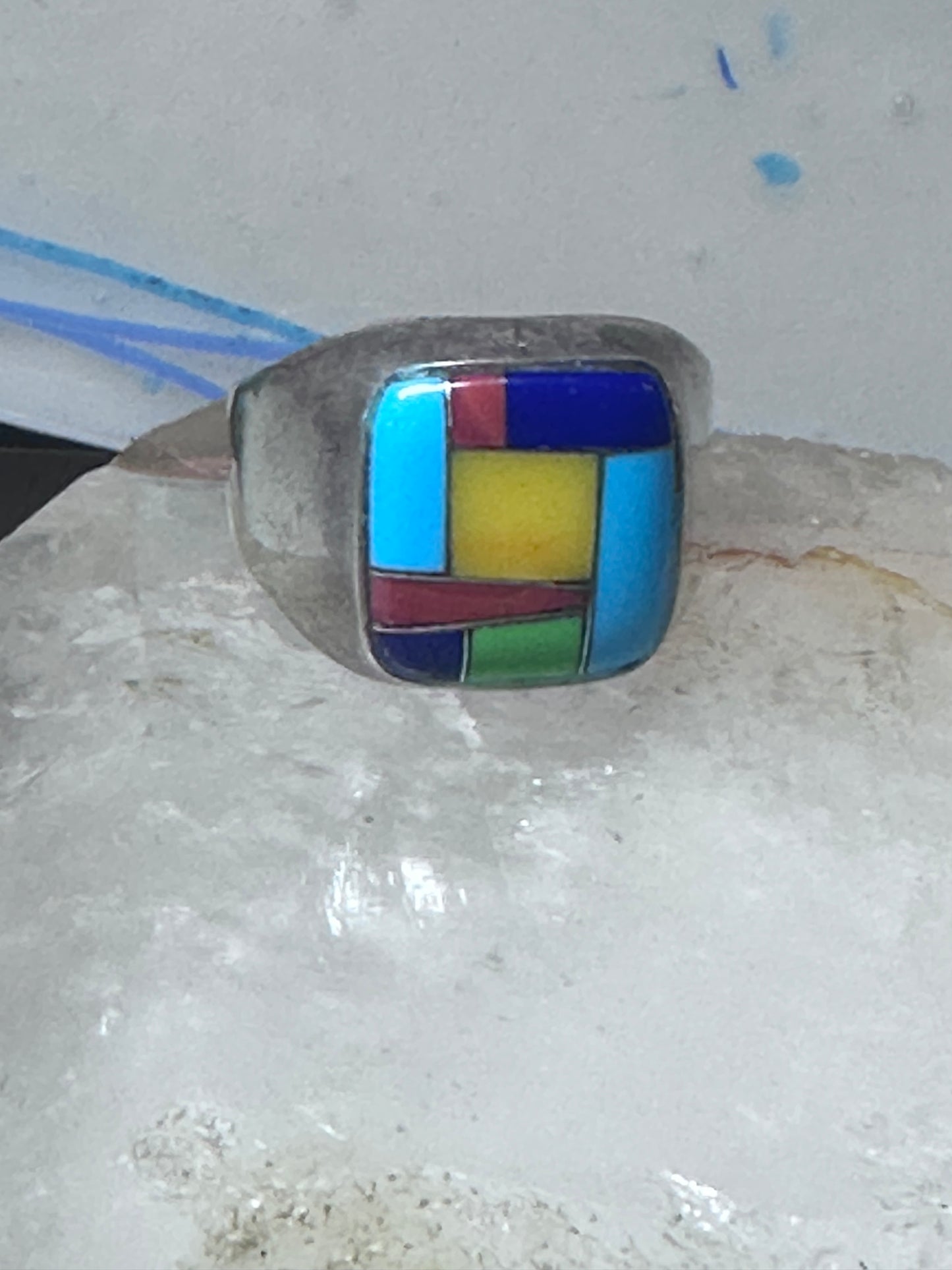 Turquoise ring Zuni inlay coral sterling silver size 9 women men