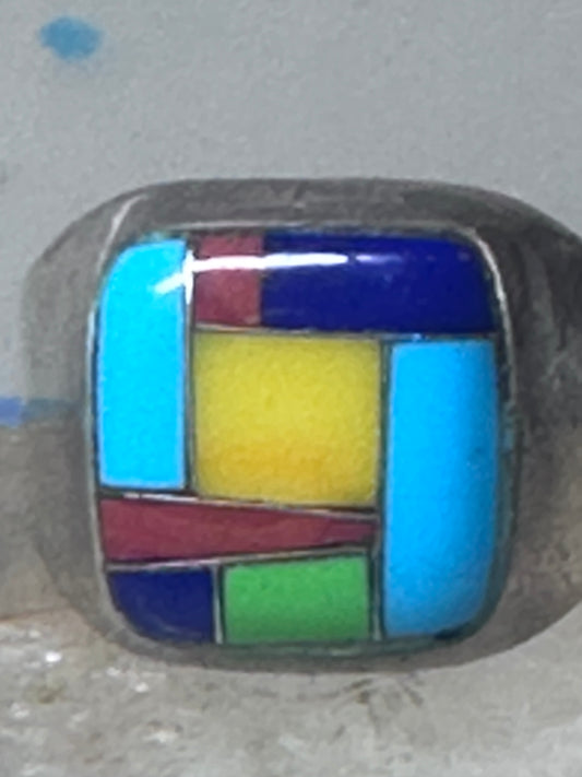 Turquoise ring Zuni inlay coral sterling silver size 9 women men