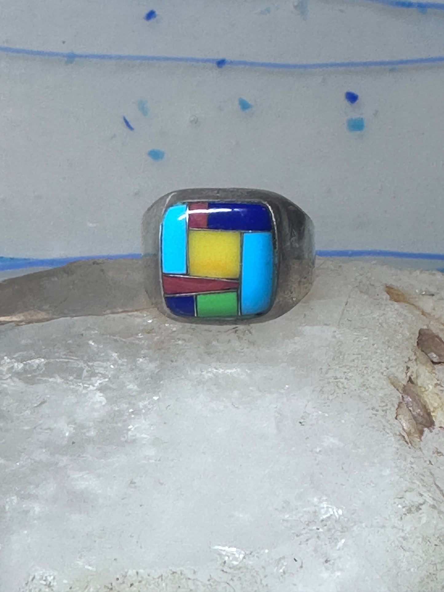 Turquoise ring Zuni inlay coral sterling silver size 9 women men