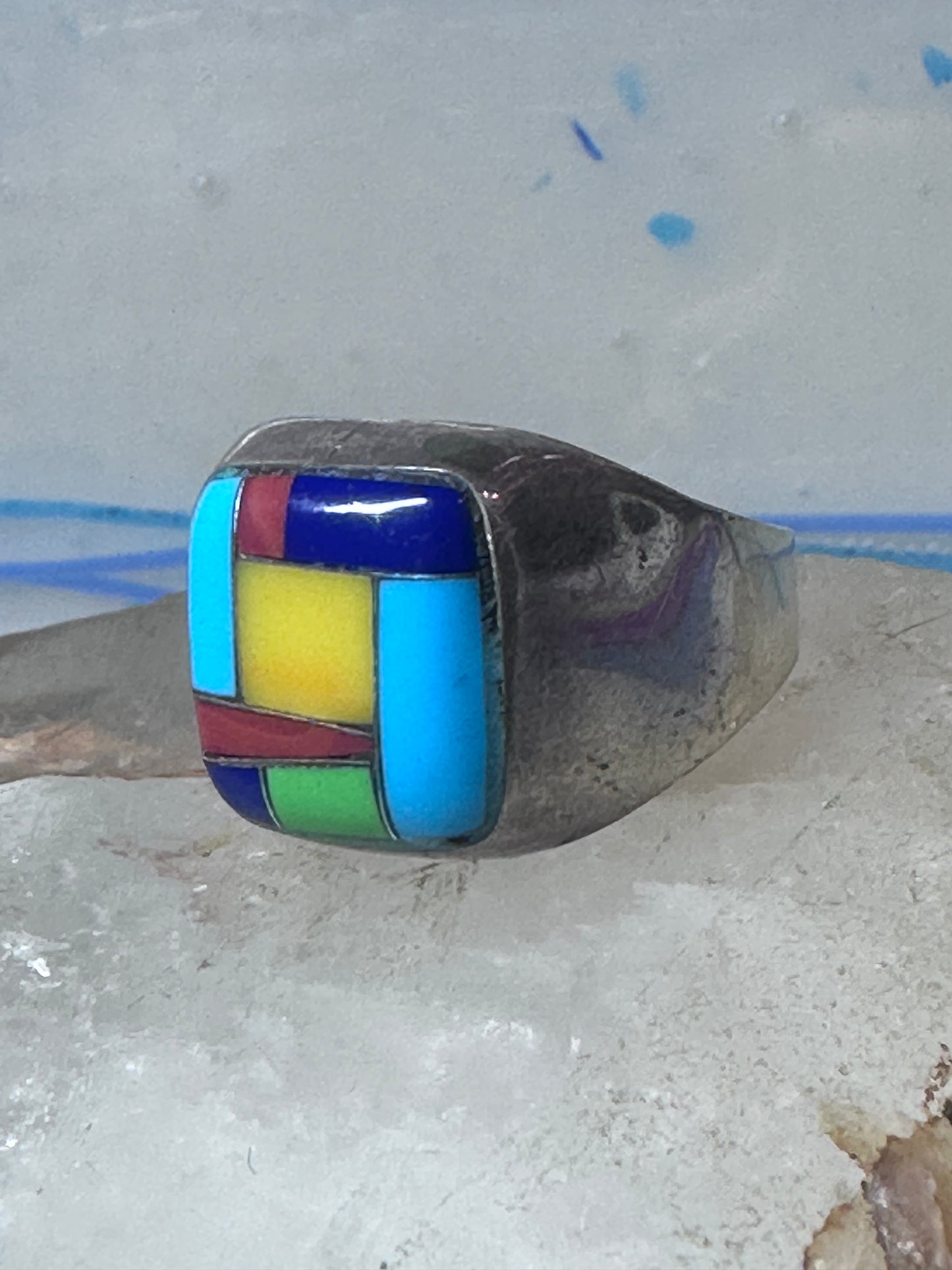 Turquoise ring Zuni inlay coral sterling silver size 9 women men