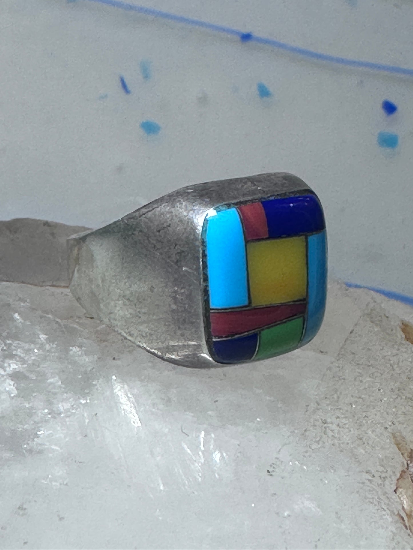 Turquoise ring Zuni inlay coral sterling silver size 9 women men