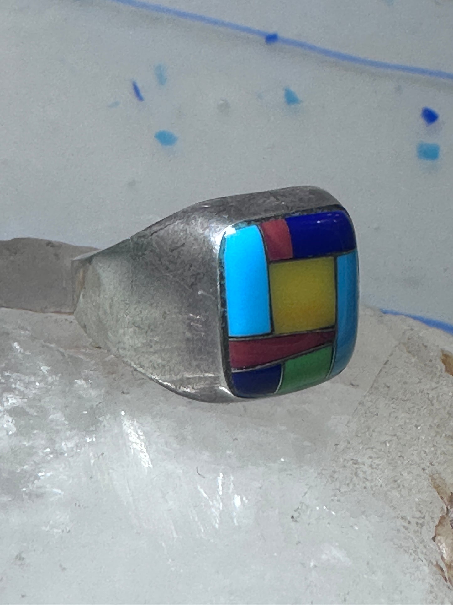 Turquoise ring Zuni inlay coral sterling silver size 9 women men