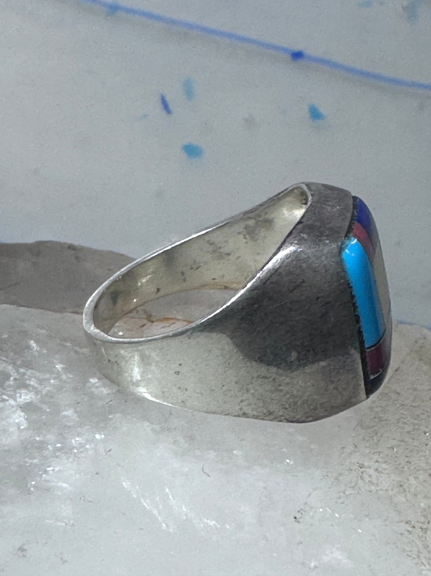 Turquoise ring Zuni inlay coral sterling silver size 9 women men