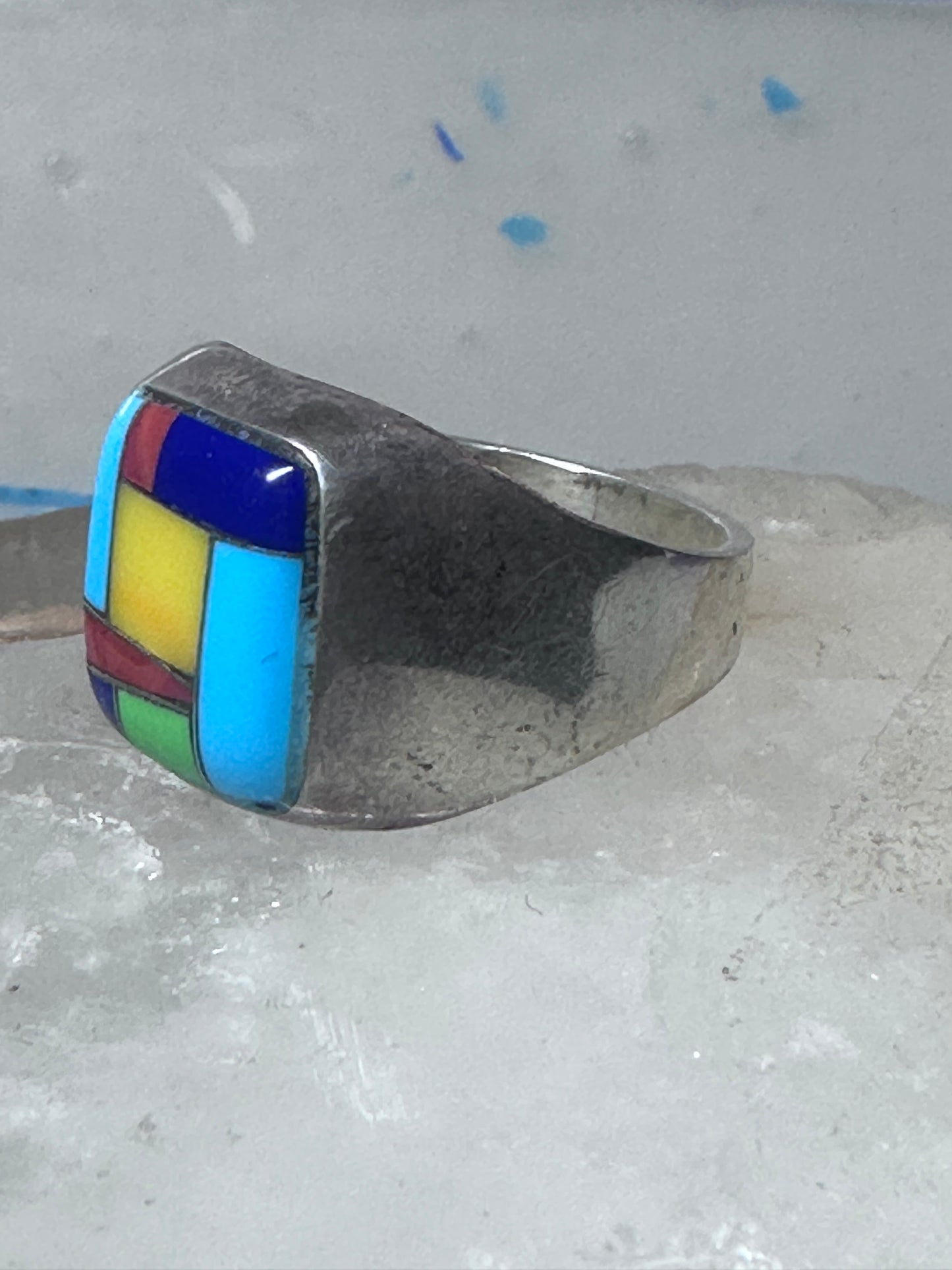 Turquoise ring Zuni inlay coral sterling silver size 9 women men