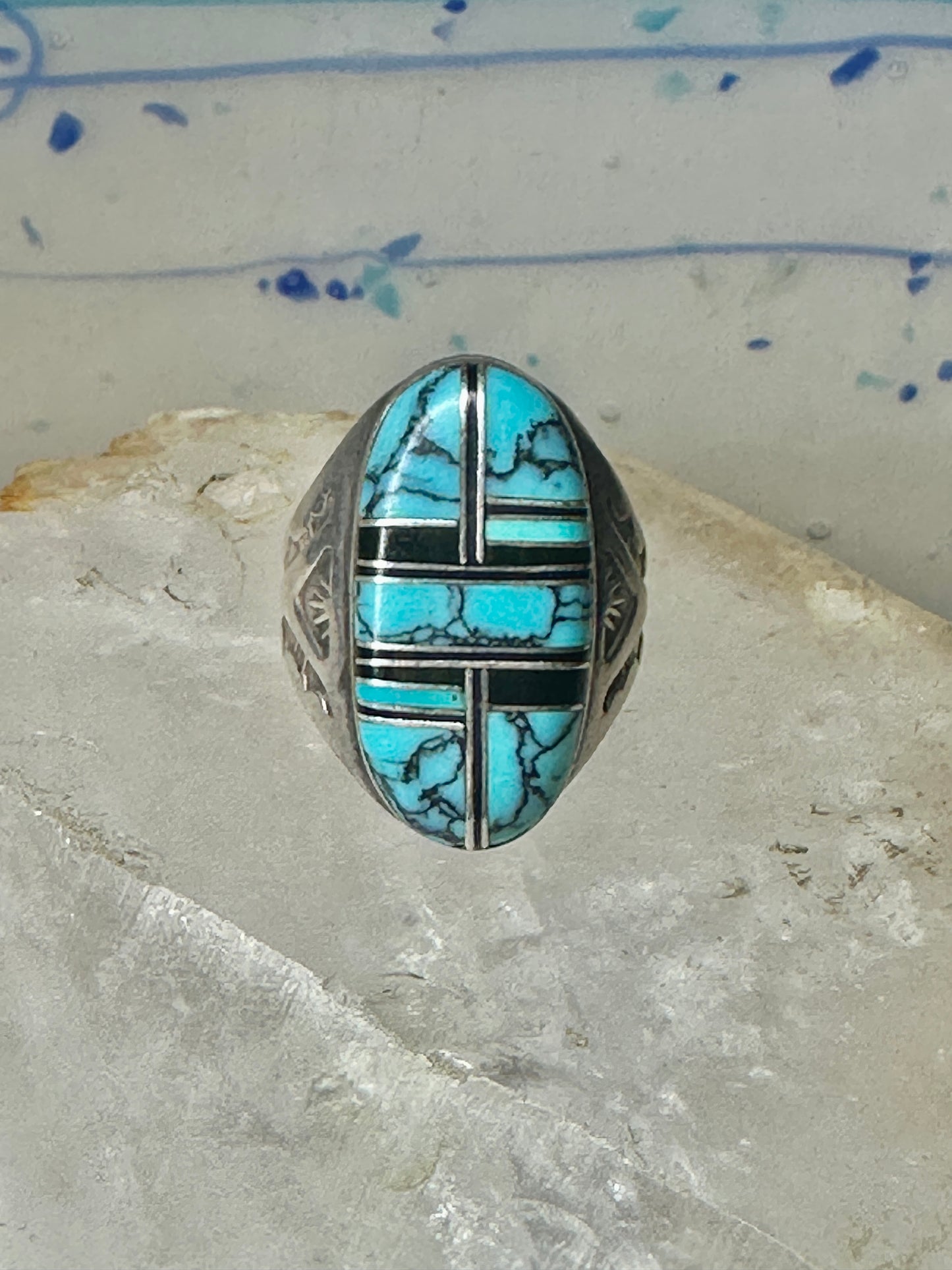 Navajo ring turquoise onyx size 9 sterling silver women men