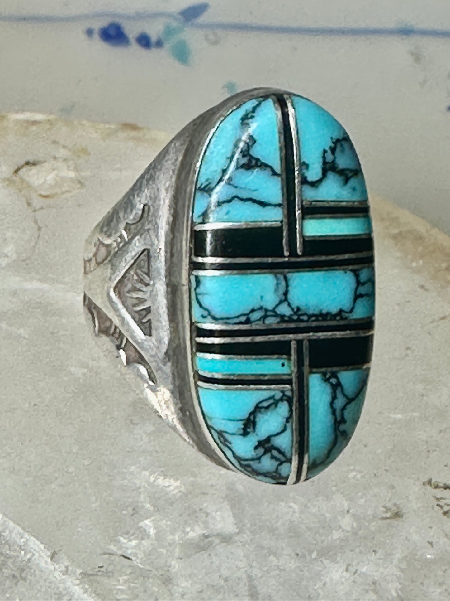 Navajo ring turquoise onyx size 9 sterling silver women men