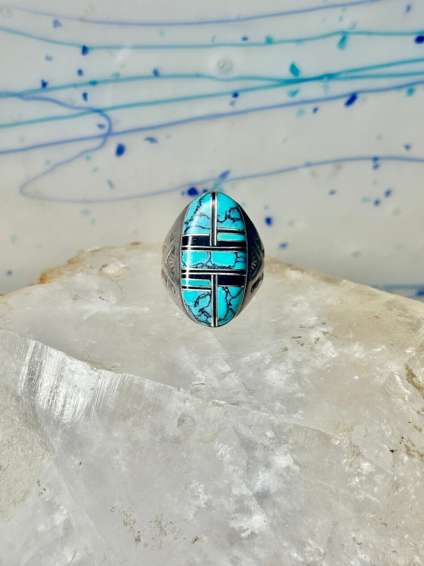 Navajo ring turquoise onyx size 9 sterling silver women men