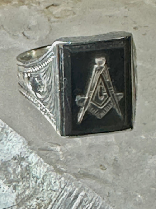Masonic ring Mother of pearl Mason carved compass size 8.50 sterling silver women men