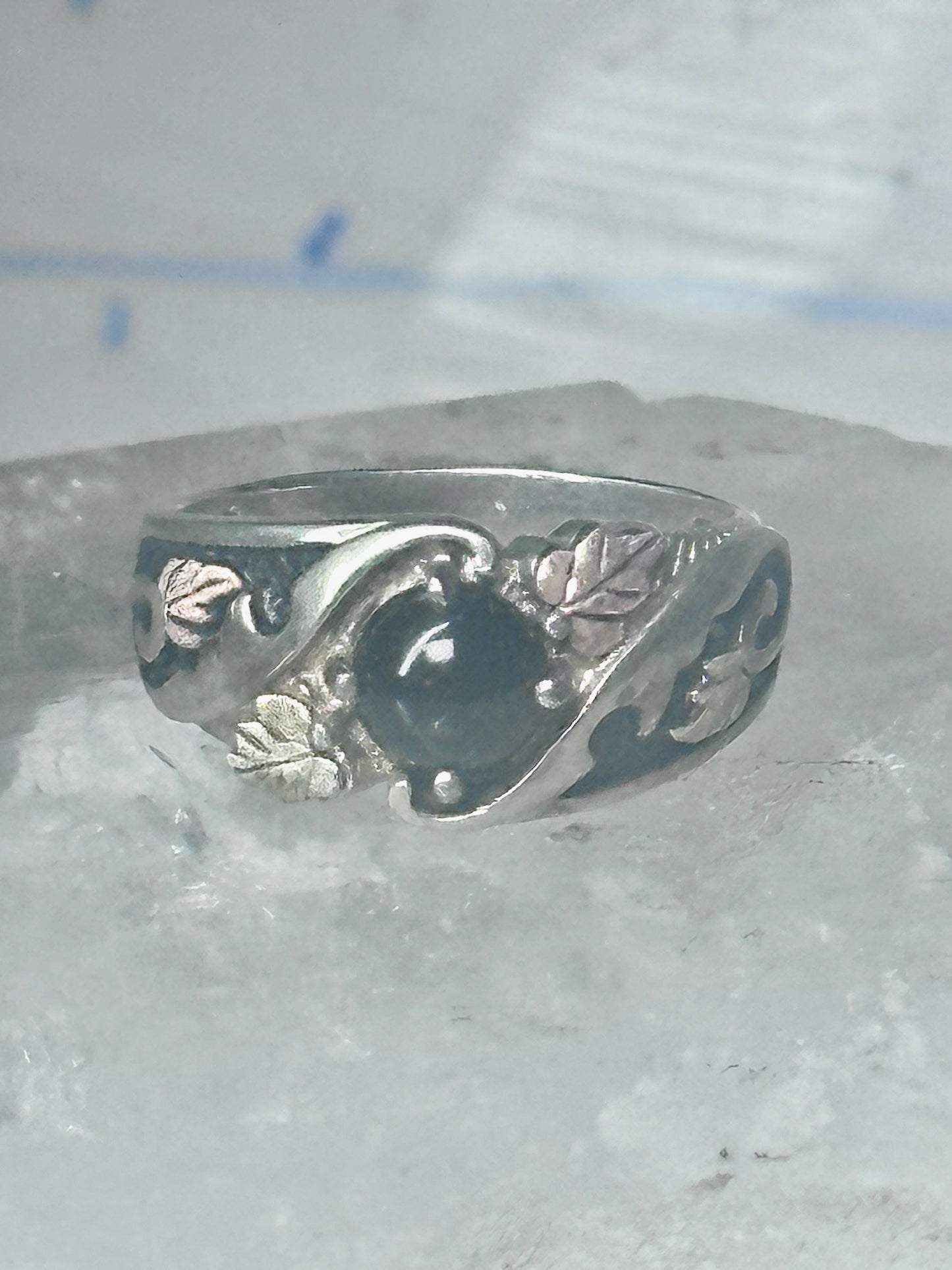 Black Hills Gold Ring onyx wedding leaves band size 6 sterling silver men women