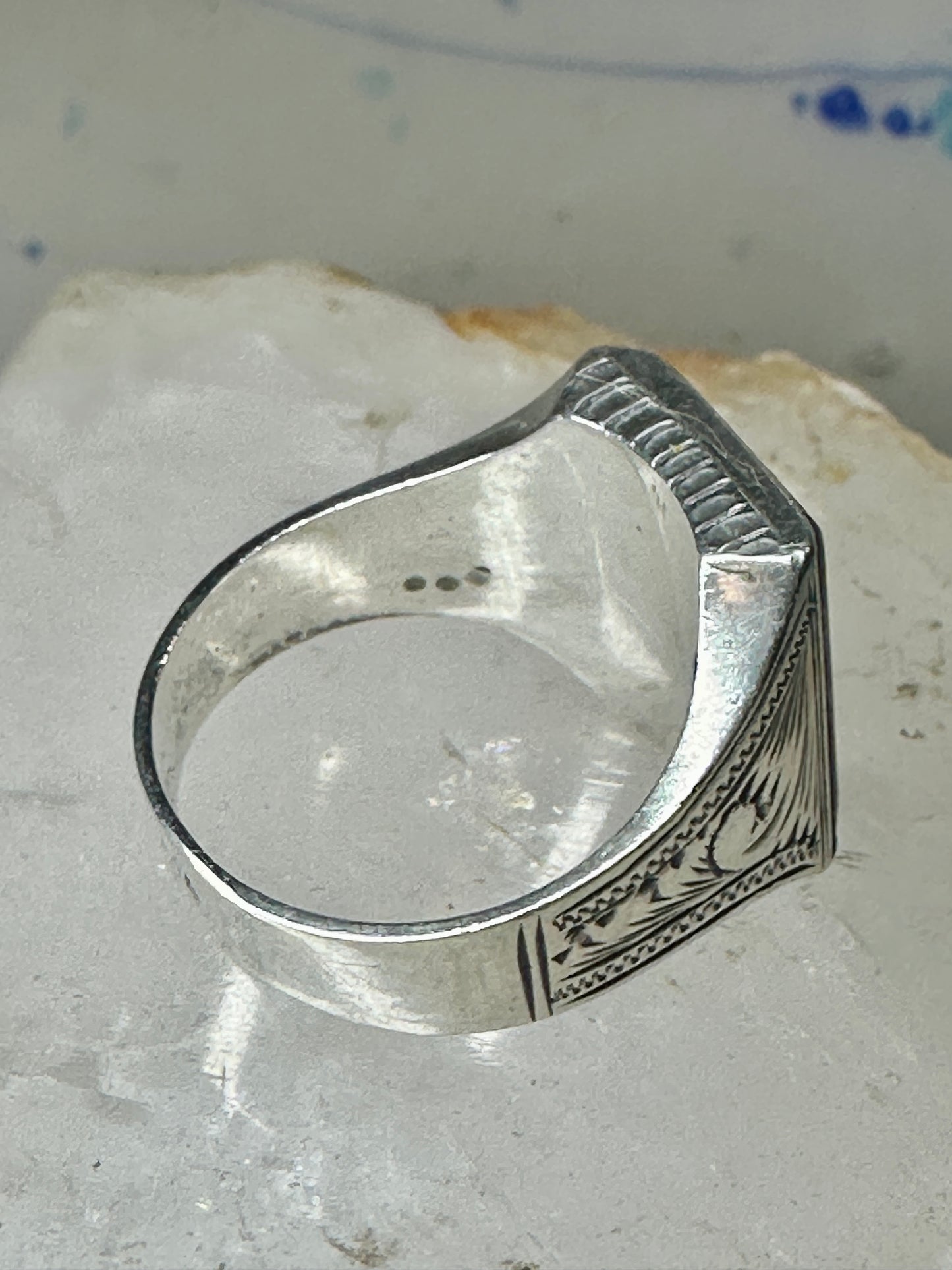 Masonic ring Mother of pearl Mason carved compass size 8.50 sterling silver women men