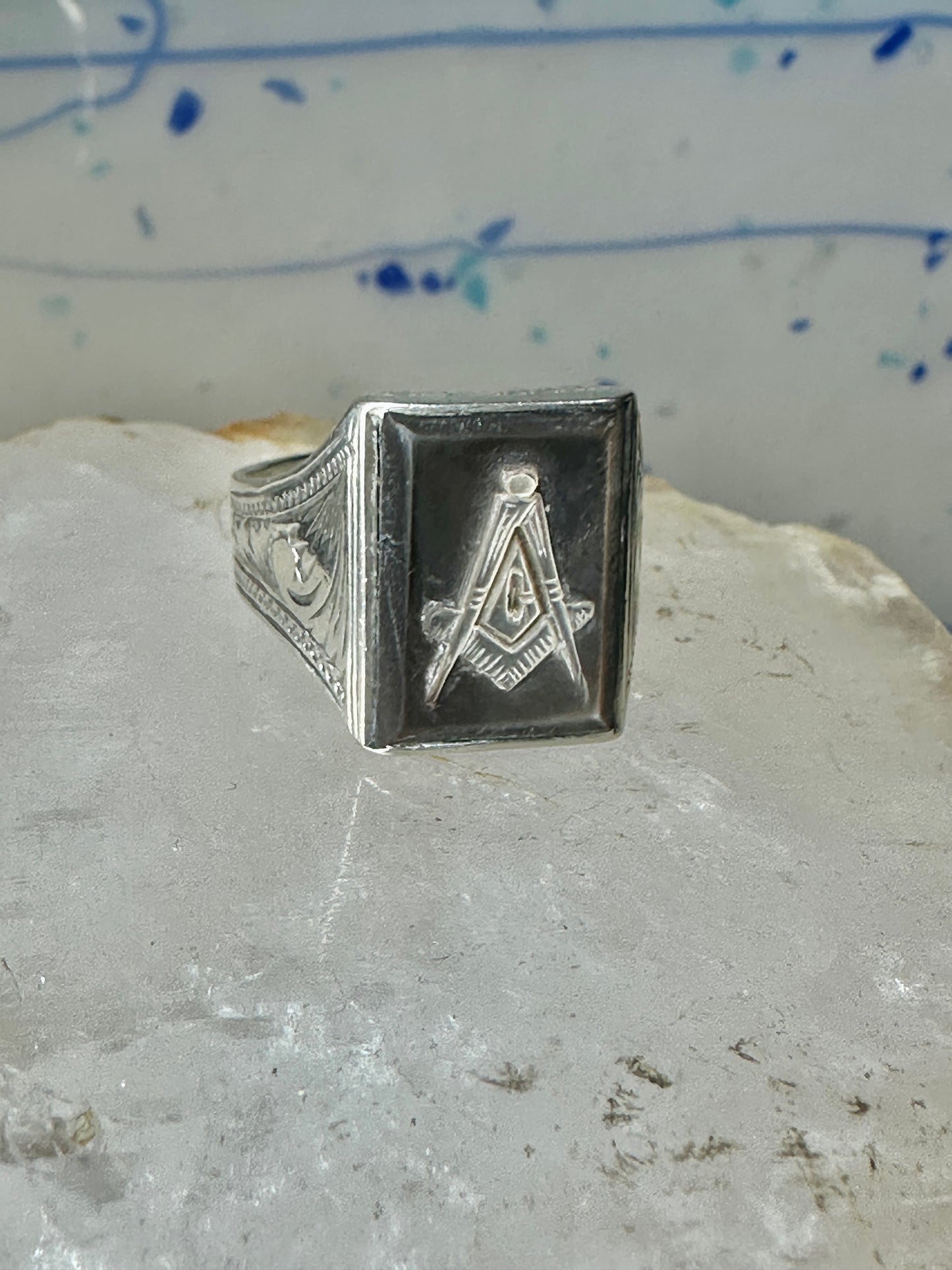 Masonic ring Mother of pearl Mason carved compass size 8.50 sterling silver women men