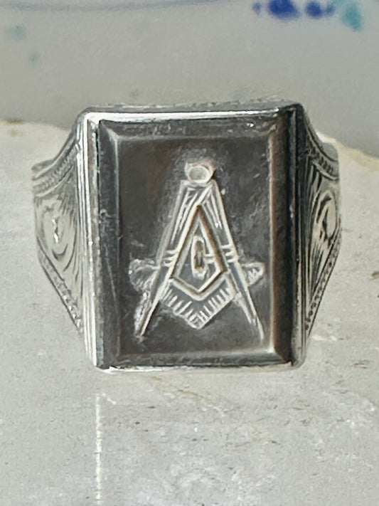 Masonic ring Mother of pearl Mason carved compass size 8.50 sterling silver women men