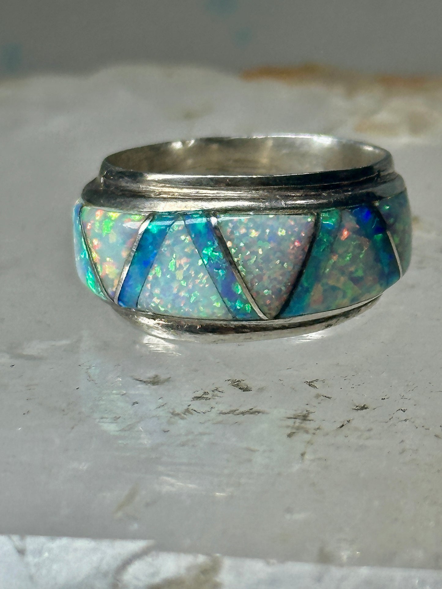 Lab Opal ring Native American band size 5.75 sterling silver women men