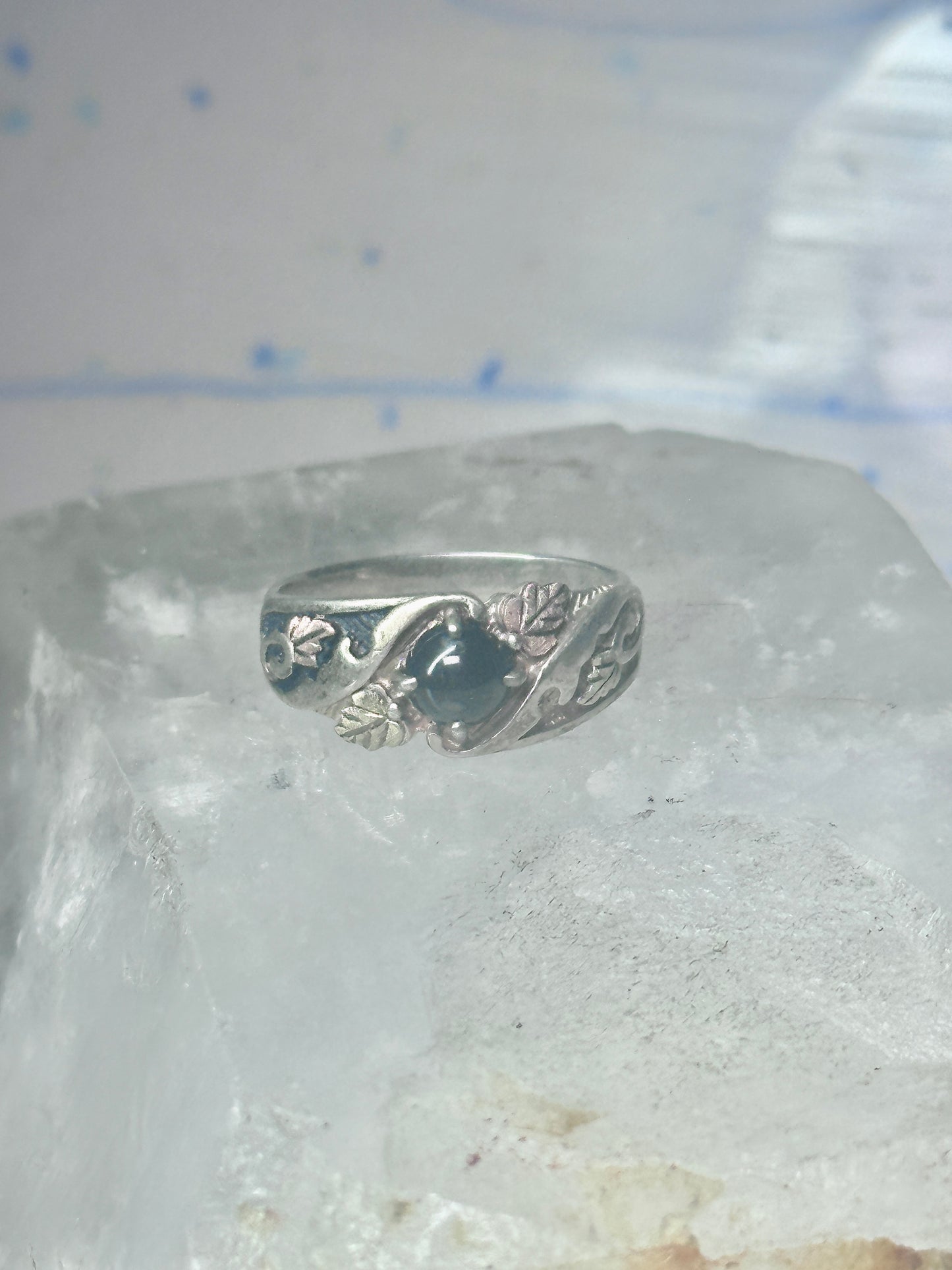 Black Hills Gold Ring onyx wedding leaves band size 6 sterling silver men women