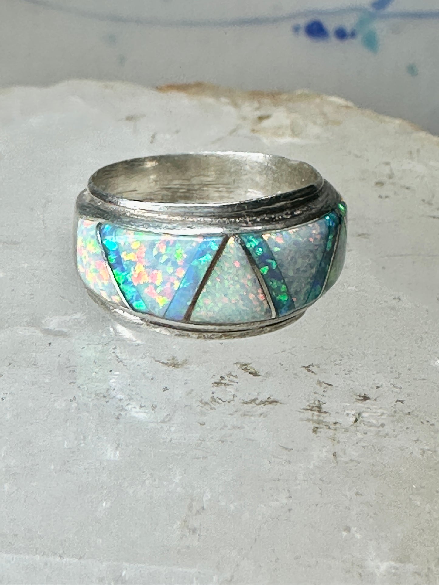 Lab Opal ring Native American band size 5.75 sterling silver women men