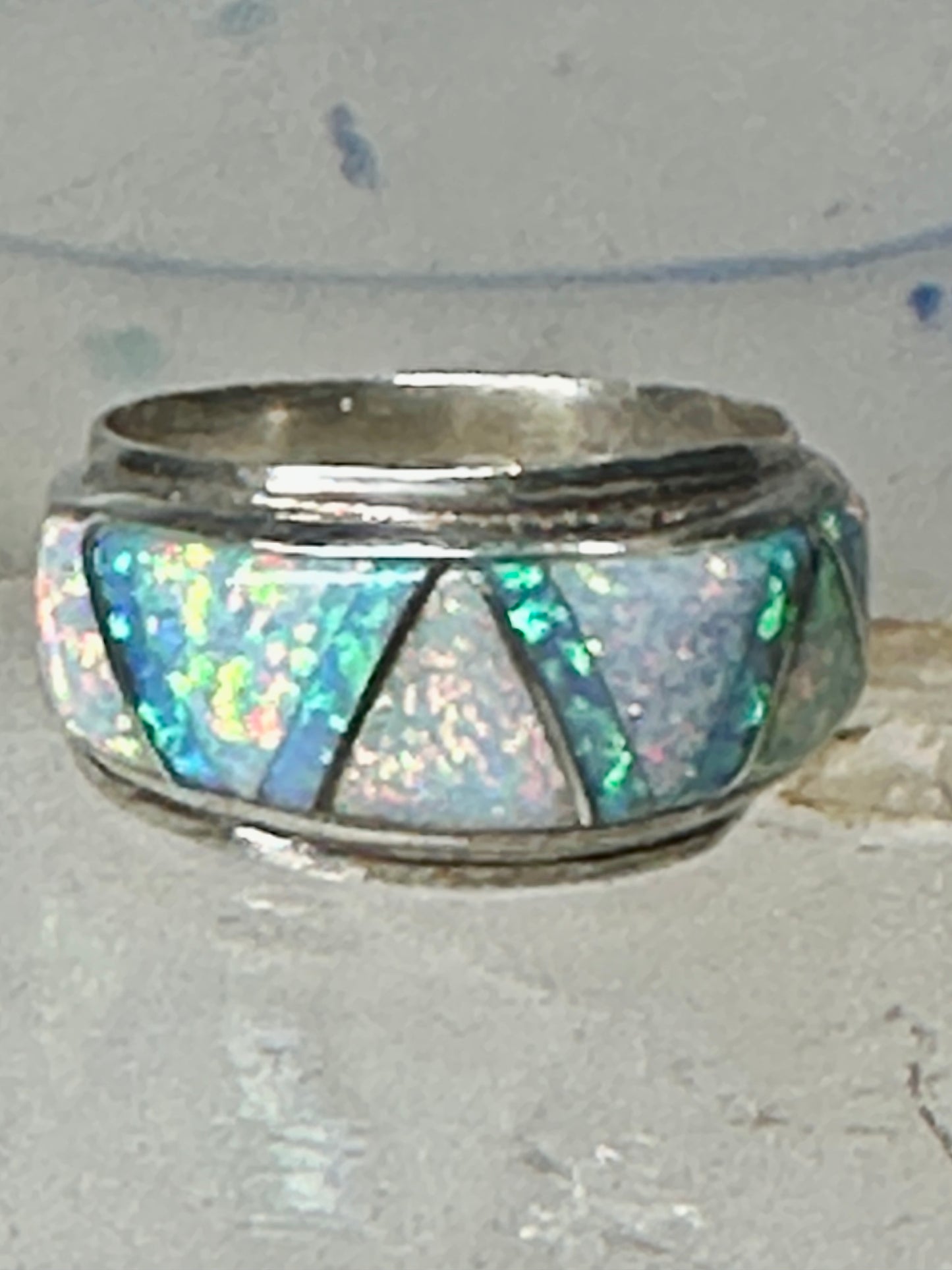 Lab Opal ring Native American band size 5.75 sterling silver women men