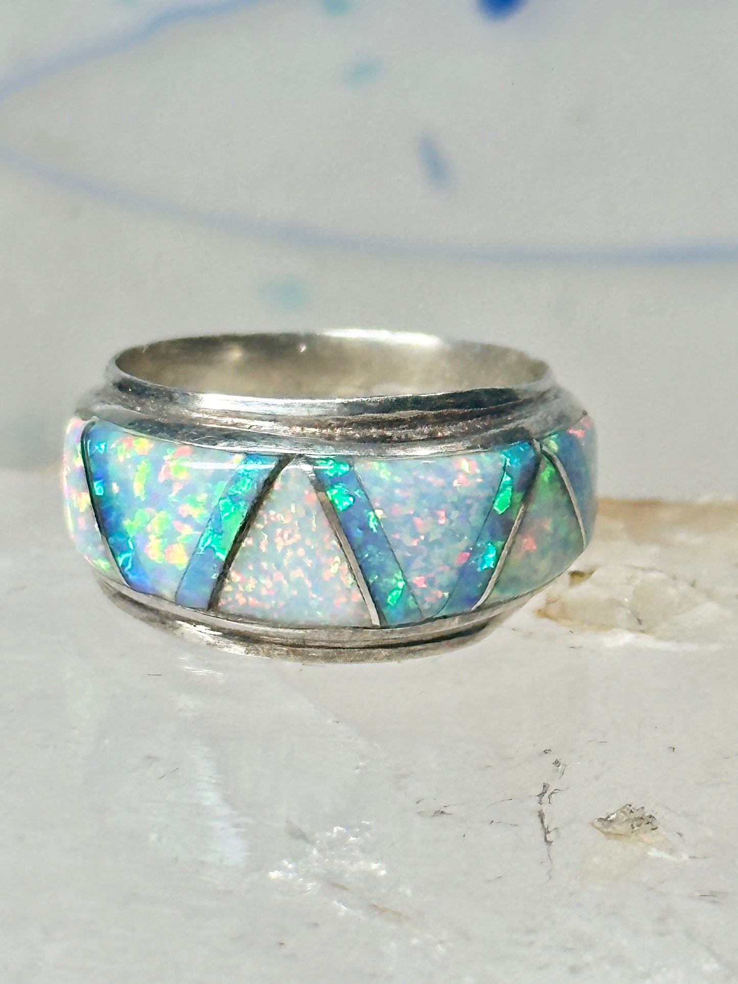 Lab Opal ring Native American band size 5.75 sterling silver women men