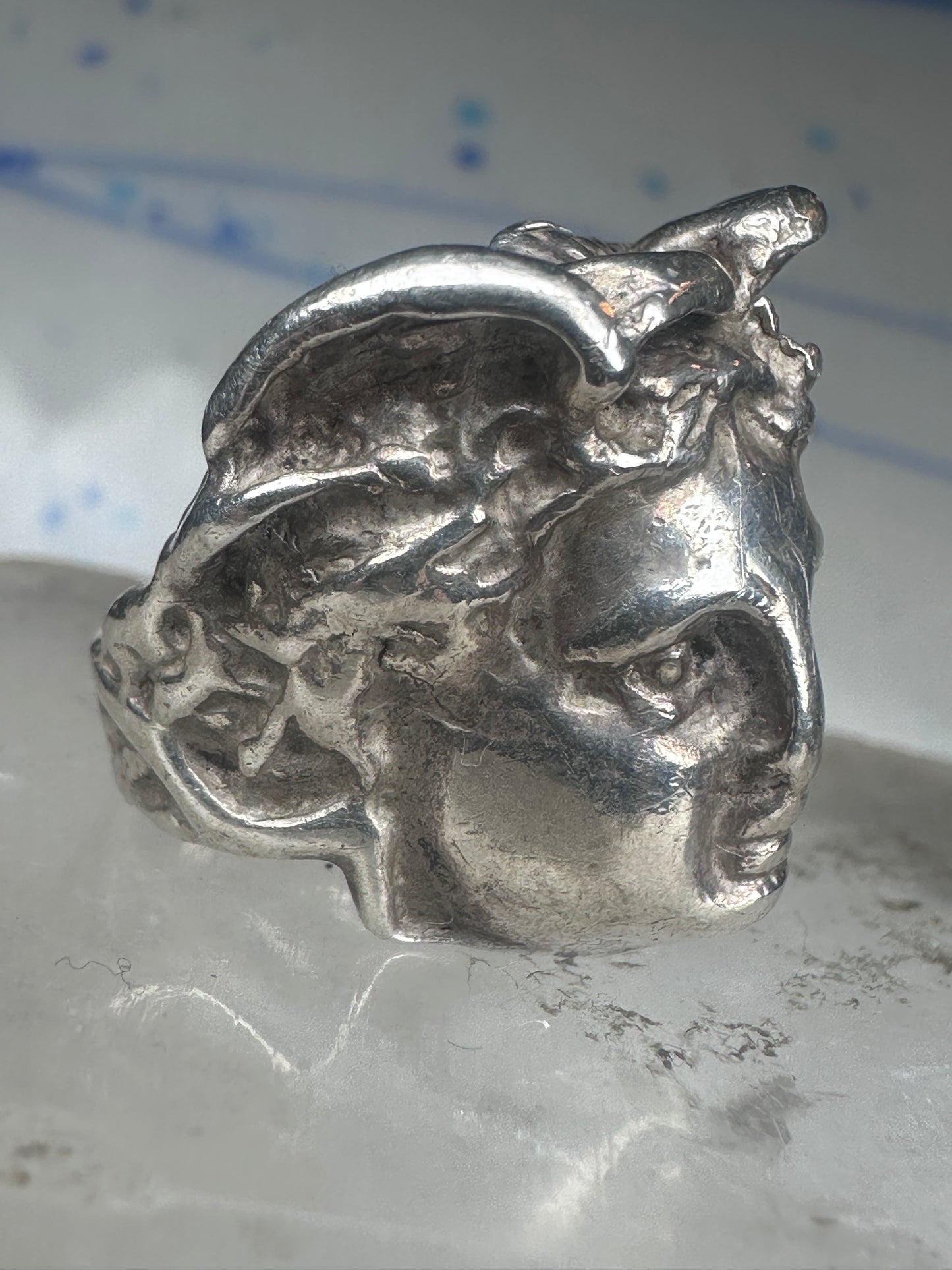 Vintage Sterling Silver Greek Medusa Gorgon Face High Relief Statement Ring Size 6 12g