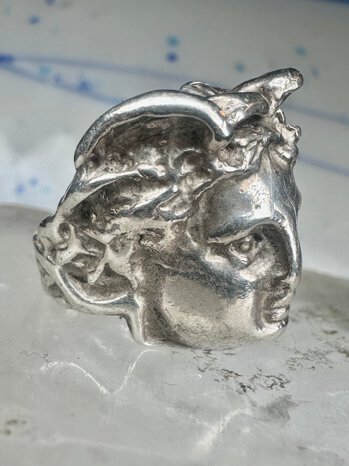 Vintage Sterling Silver Greek Medusa Gorgon Face High Relief Statement Ring Size 6 12g